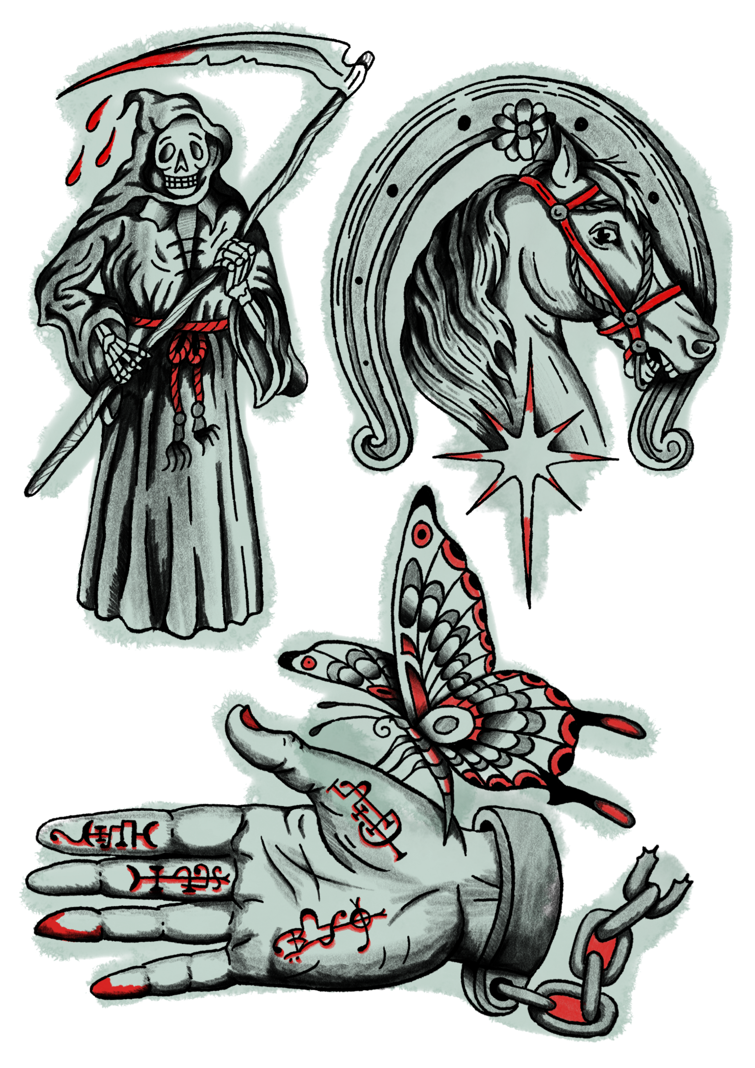 A gritty illustration of a skeletal Grim Reaper figure holding a scythe with blood dripping from the blade, a decorative horse head with red accents and a star below it, a butterfly with red, black, and gray wings perched on a chained hand with tatto