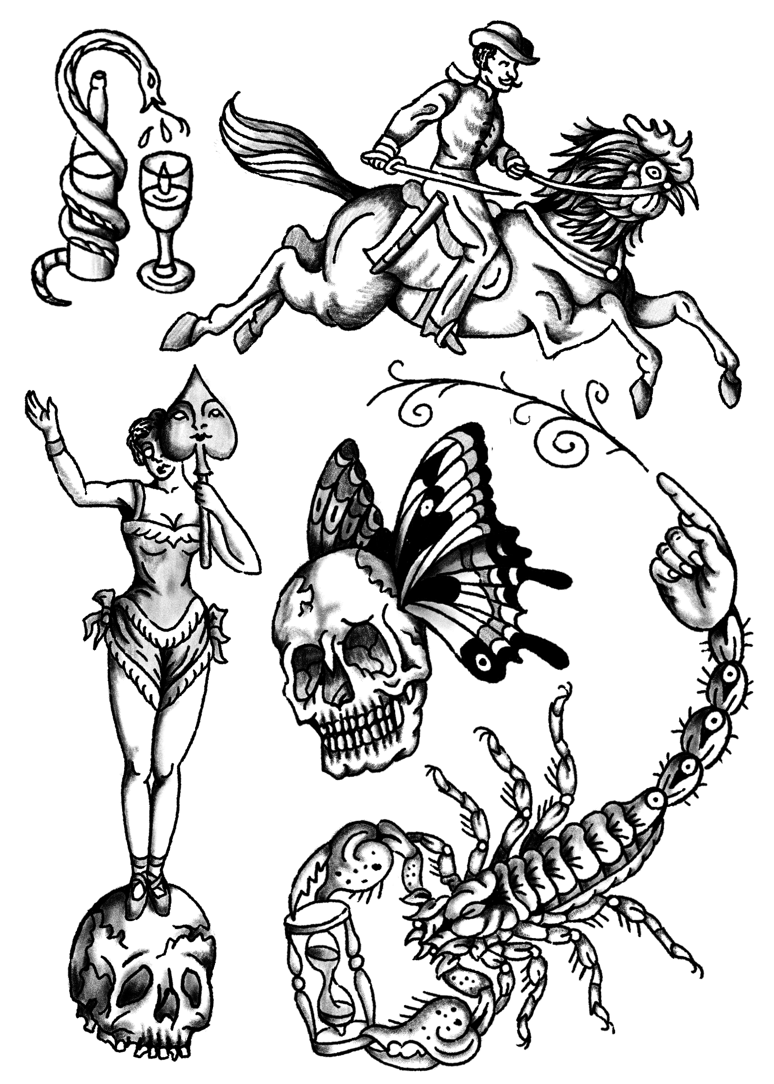A black and white illustration featuring a fantasy scene with a knight riding a fierce-looking horse, a woman in a fairy costume standing on a skull, a large skull with butterfly wings, a scorpion, a snake coiled around the skull, a scotch glass with