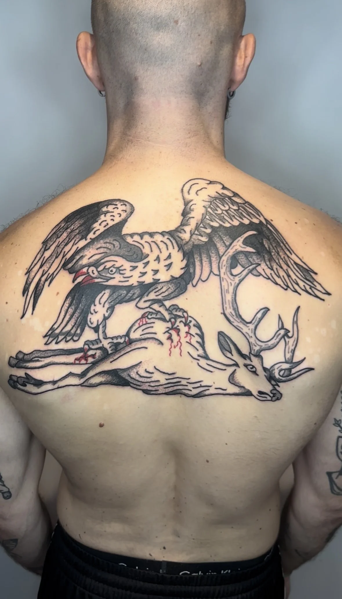 Tattoo of an eagle perched on a dead deer with antlers on a person's back.