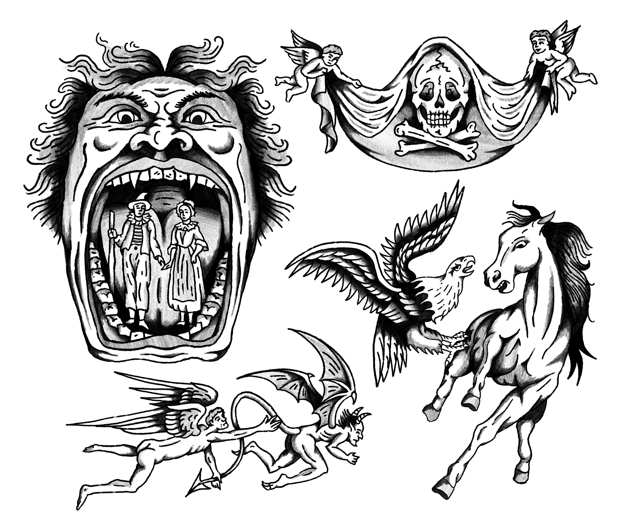 Black and white illustration of mythical and horror elements: a large open-mouthed face with two small figures inside, a skull on a draped cloth with two flying fairies, a winged eagle attacking a horse, and two flying demons with horns and wings.