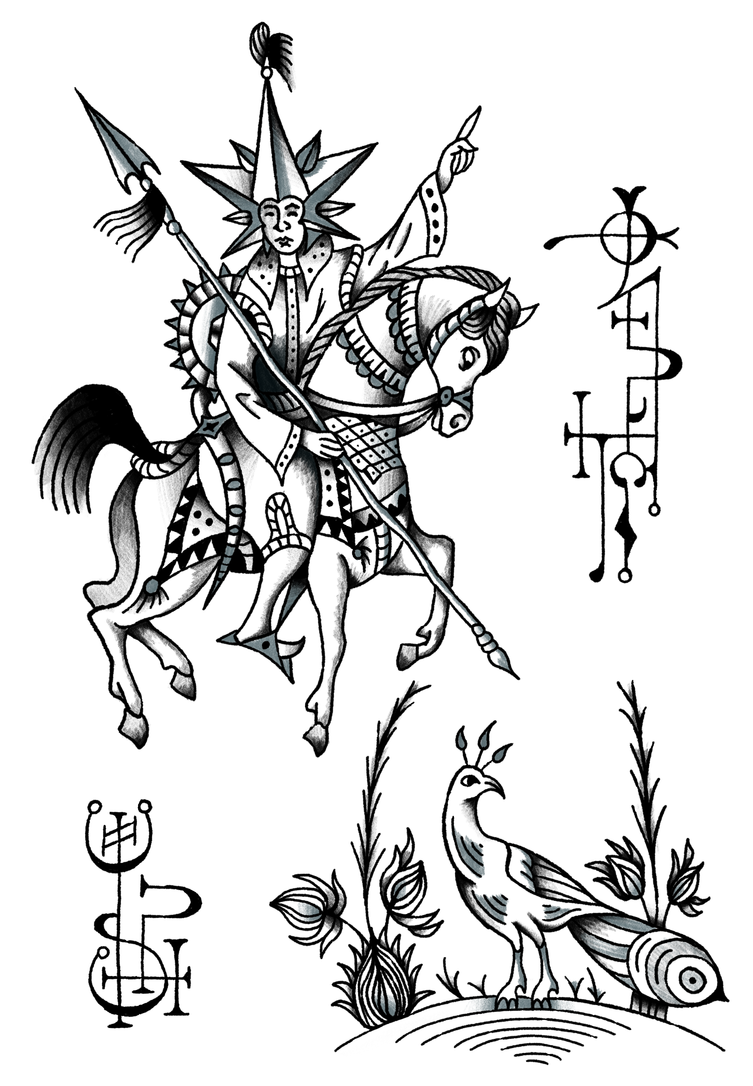 A black and white illustration of a knight in armor riding a horse, holding a spear, with a decorative shield and a headpiece resembling a star. There are symbols and a bird with floral plants in the background.