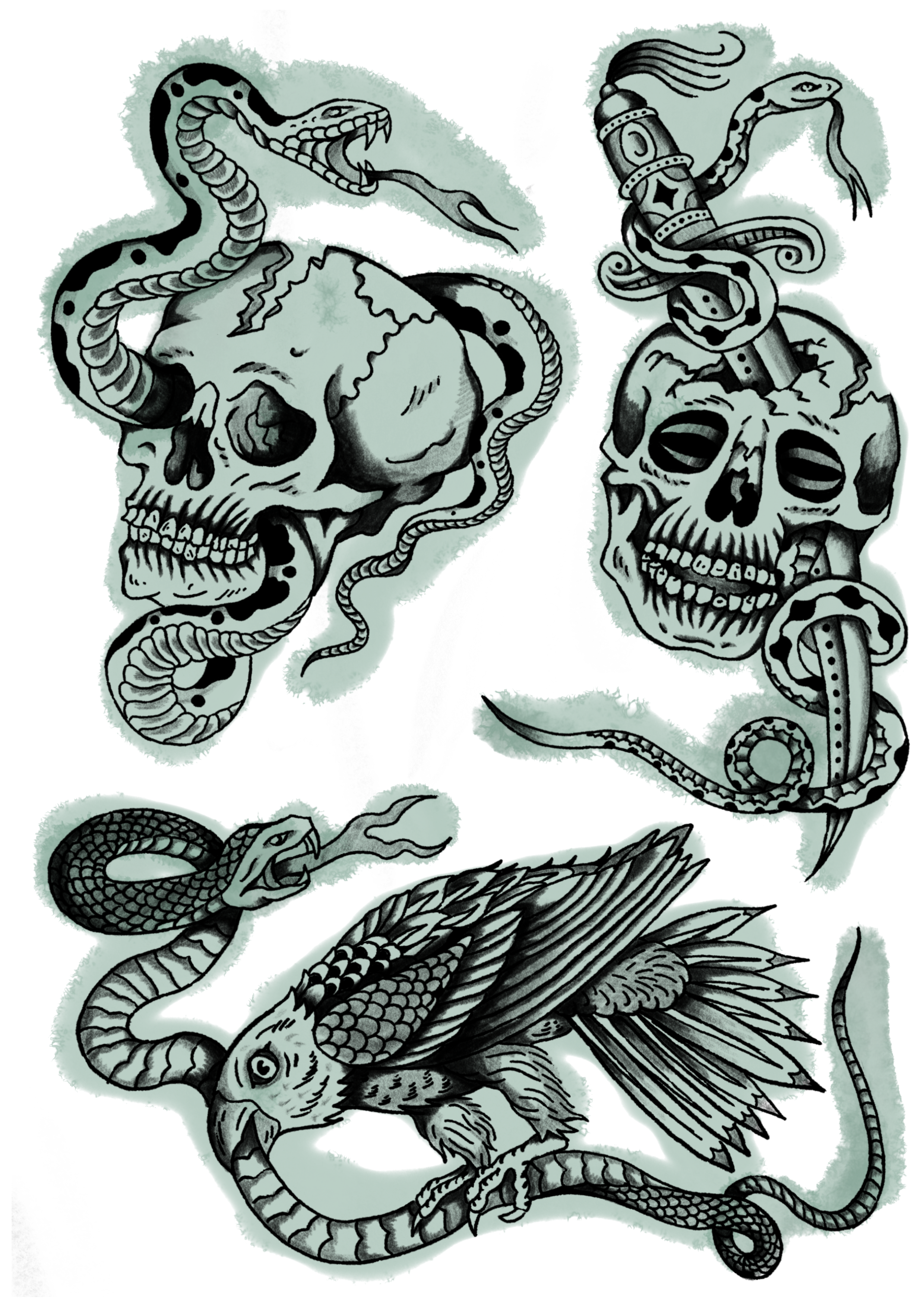 Black and gray tattoo-style illustrations of a snake with a skull, a skull with a sword and snake, and a snake with an eagle and sword