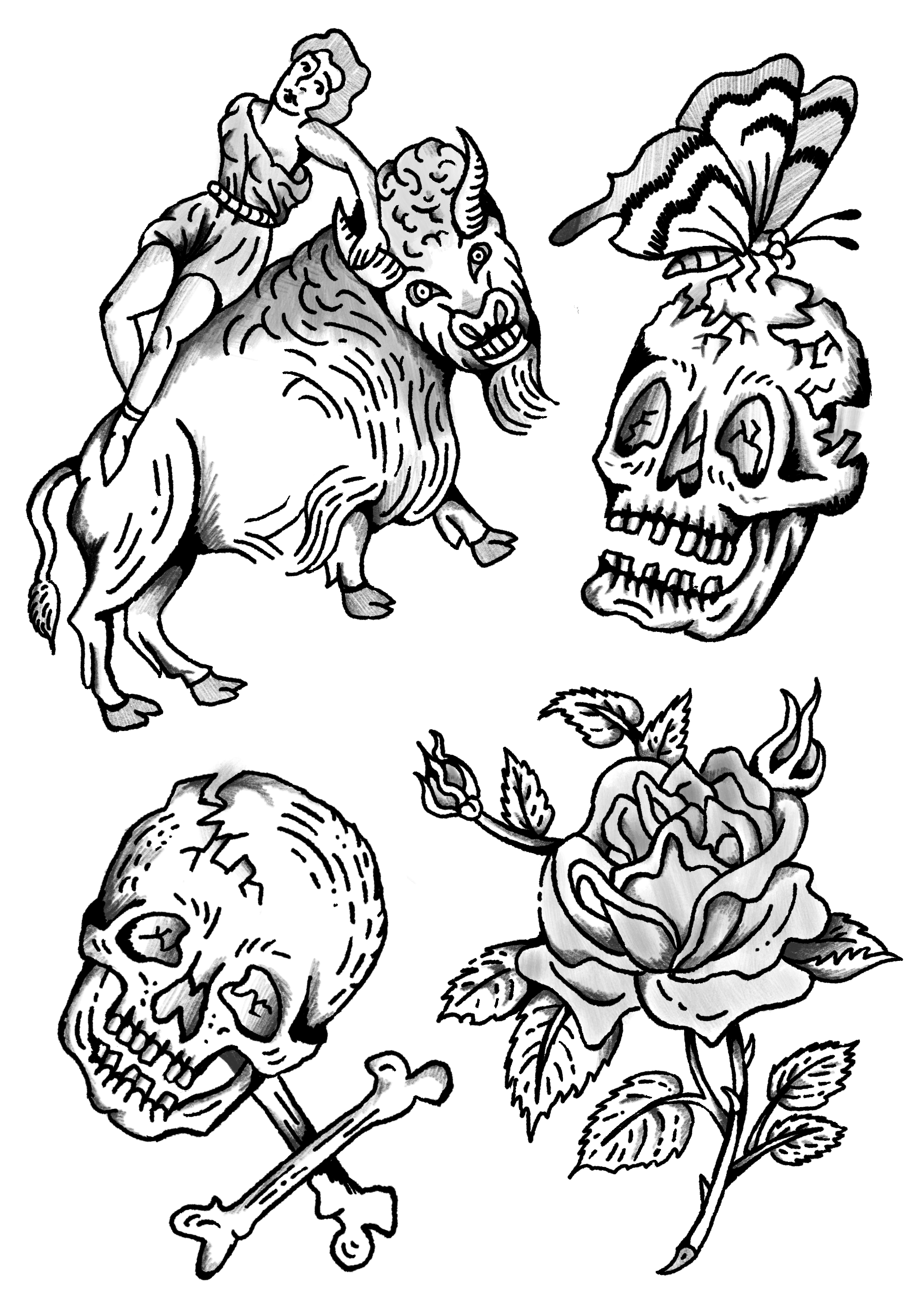 Black and white illustration of a woman riding a lion, a skull with a butterfly on top, a skull with crossed bones, and a detailed rose with thorns.