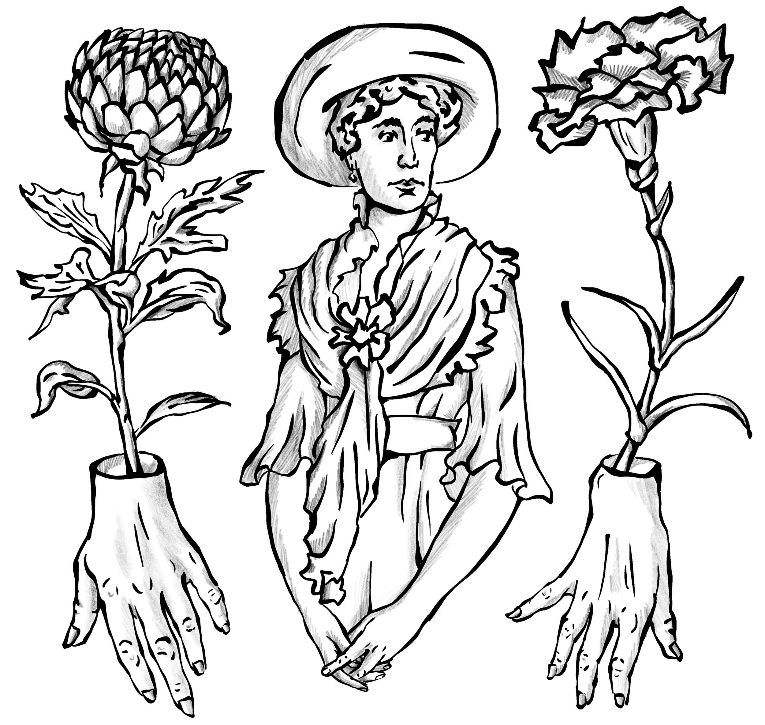 A black and white drawing of a woman wearing a wide-brimmed hat, with floral elements and a large leaf in her hair, flanked by two flowers with hand-shaped bases.