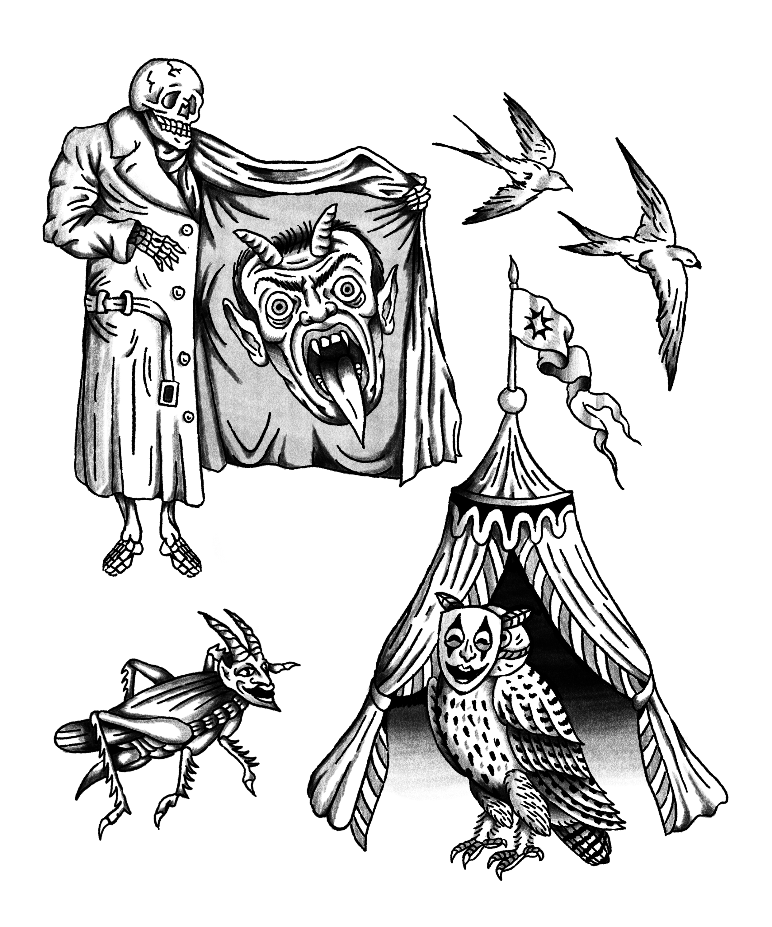 A black and white illustration featuring a skeleton holding a curtain with a demon's head behind it, two flying birds, a flying insect, and a tent with a person wearing a clown mask inside.