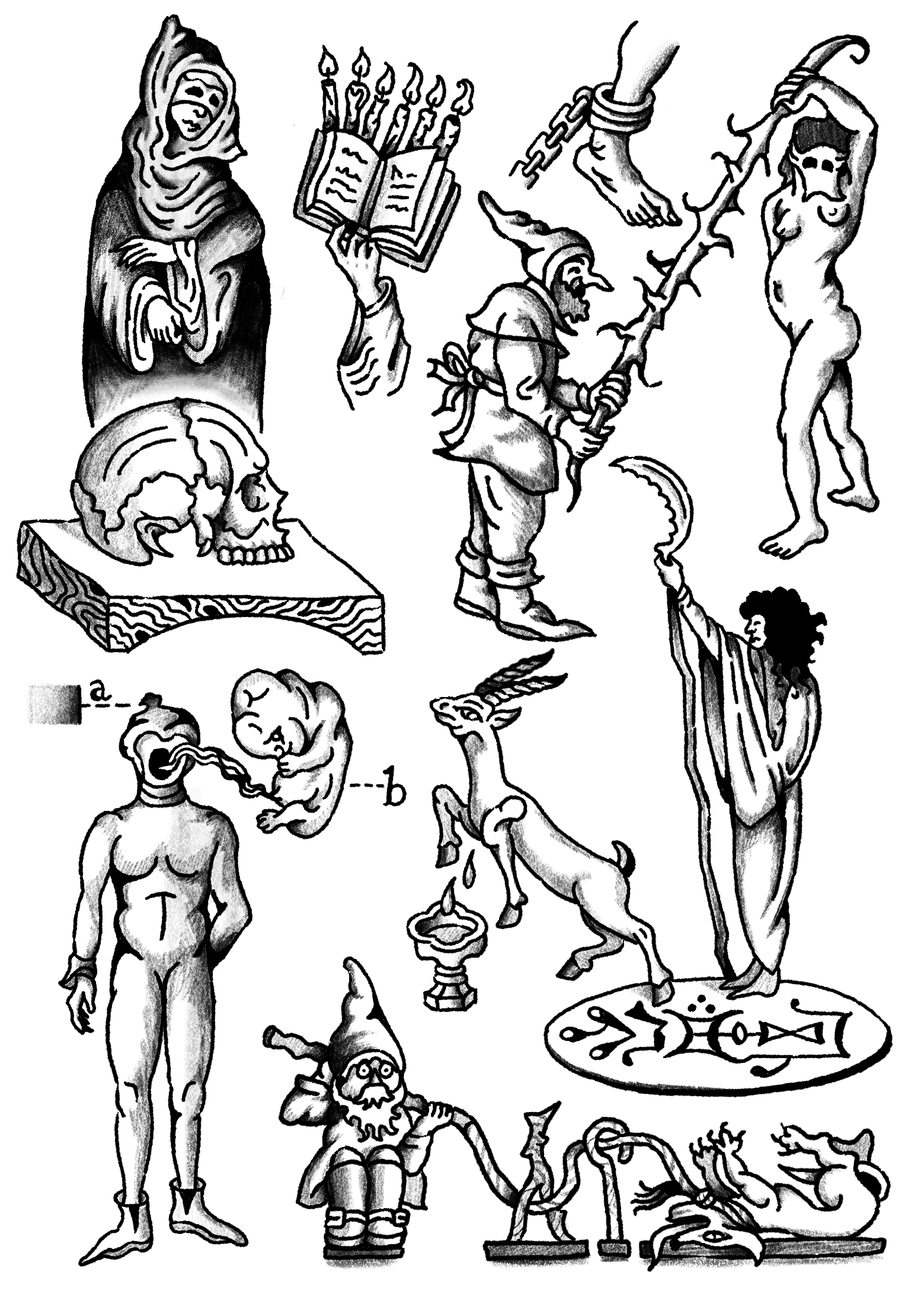 A collection of black-and-white illustrations depicting mythological and fantastical figures, including a woman with a hood, a skeleton, a wizard with a staff, a woman with horns, a unicorn, a figure with a chalice and a twisted book, and various myt
