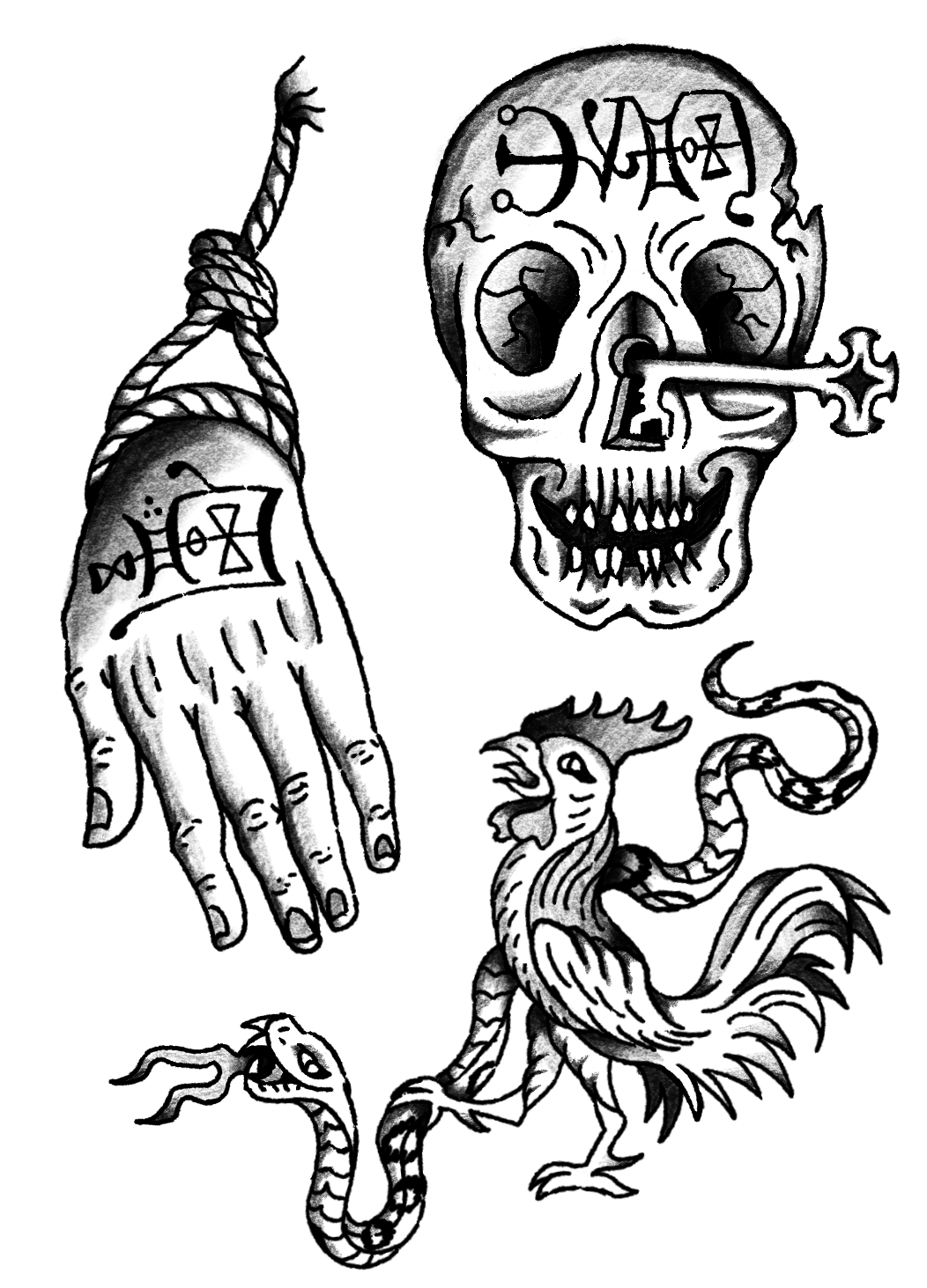 Tattoo-style illustration featuring a clown skull with a cigar in its mouth, a snake with a dragon head, and a hanging noose with a hand tattooed on it.