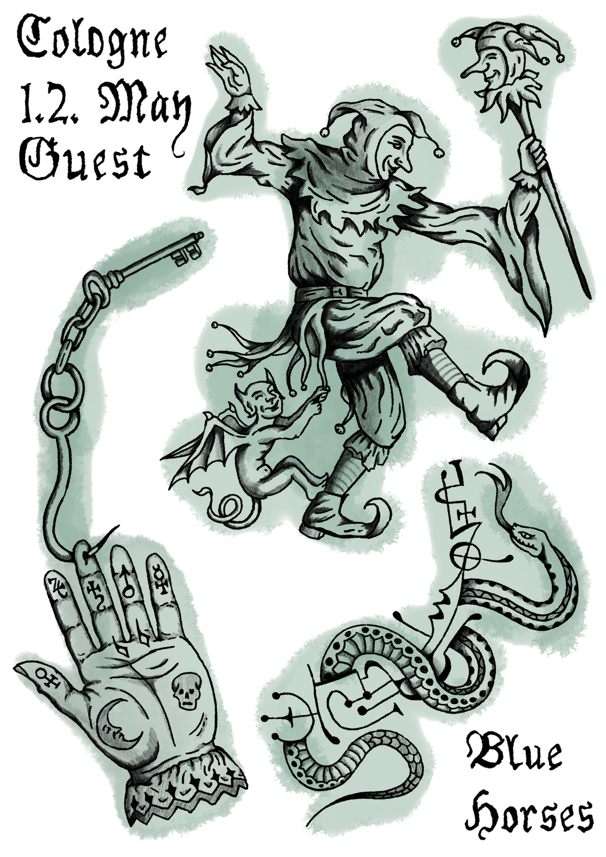 A black-and-white illustration featuring a jester riding a dragon, with mystical symbols and a chained hand with a skull and moon tattoos, along with the text 'Cologne 1.2. May Guest' and 'Blue Horses'.
