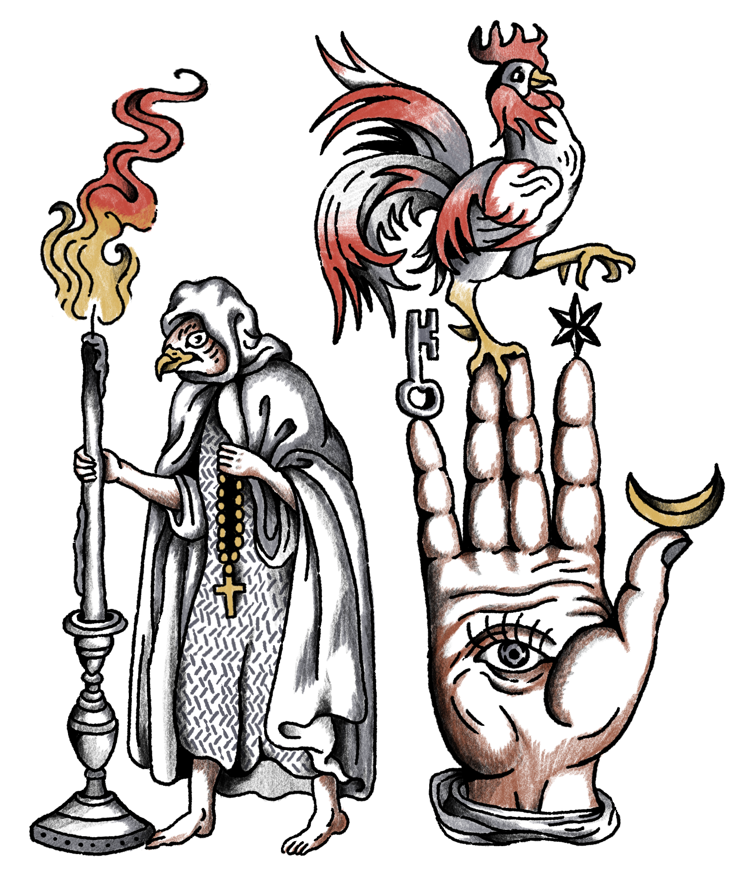 A surreal illustration featuring a robed figure with a bird's face holding a candle, and a large hand with an eye, a rooster with a key on the fingers, and a crescent moon on the thumb.