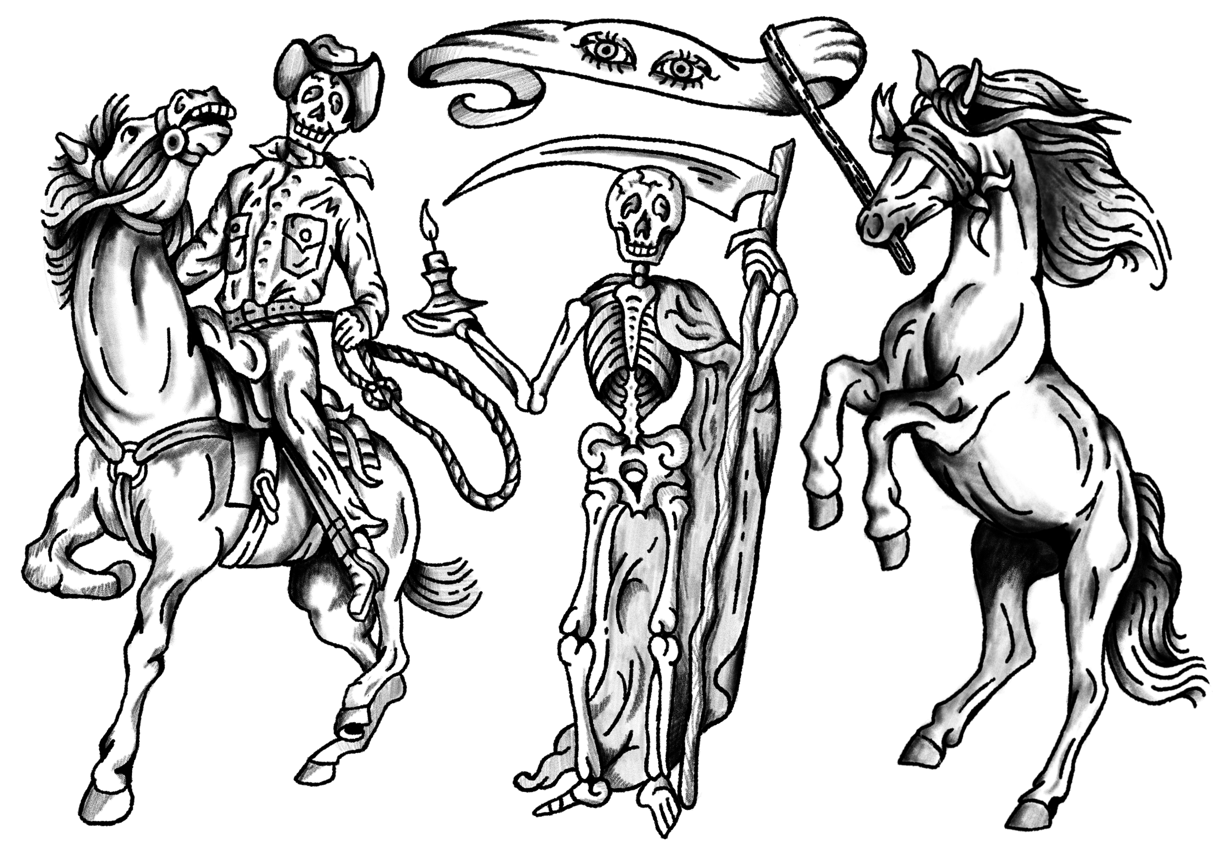 A black and white illustration featuring a skeleton with a skull face holding a sword, flanked by two armored horsemen with skull faces. One horseman is on the left, wearing a hat and holding a lasso, while the other is on the right, with a horned he