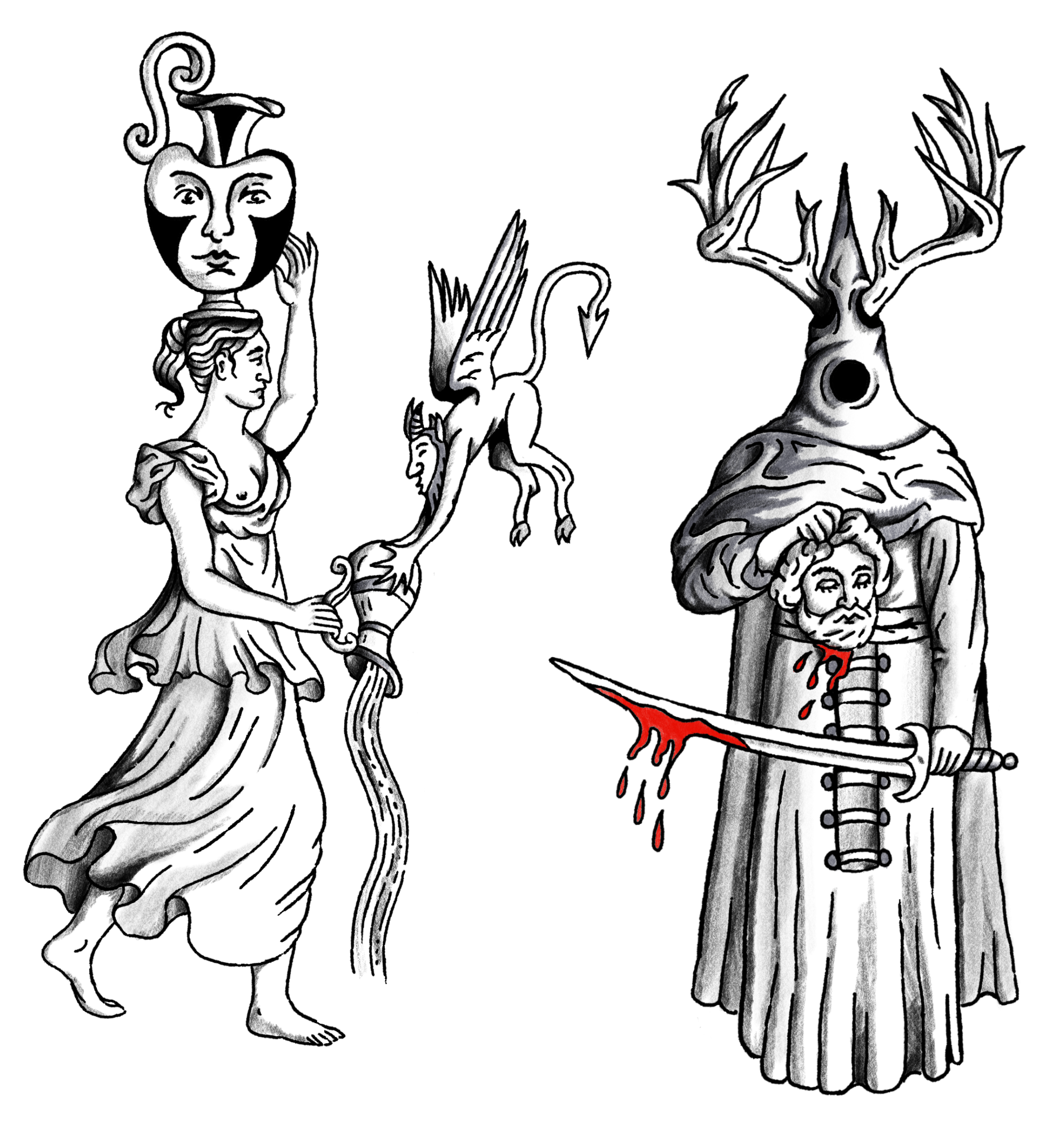 A black and white illustration depicting a mythological scene. On the left, a woman with flowing hair and a dress holds a staff, with a sinister face on the top, and is summoning a winged lion. On the right, a grotesque figure with a tree-like head, 