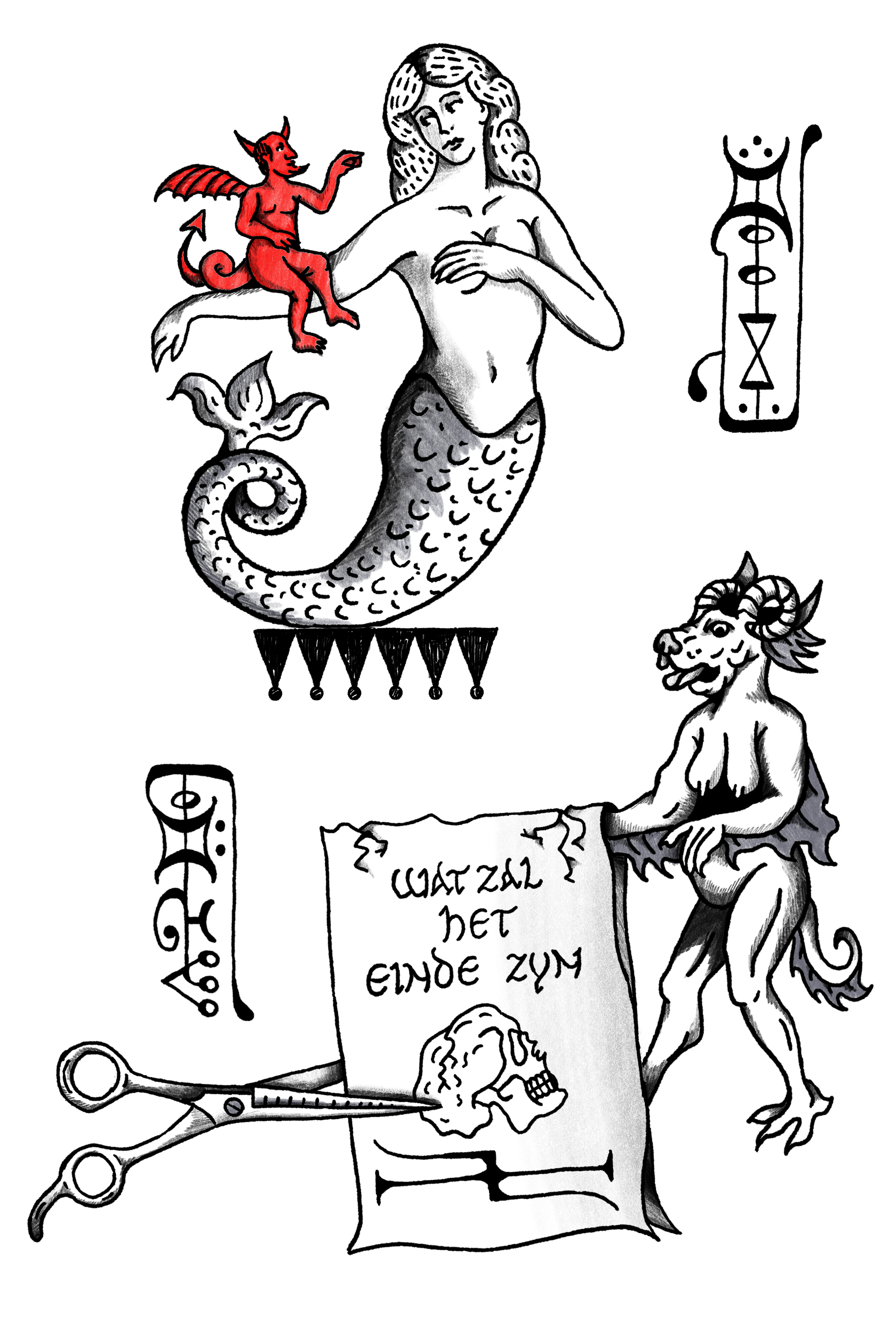 A mermaid with a human upper body and a fish tail, with a red demon on her shoulder, and her face shows concern. To the right, a humanoid figure with a lion's head, sharp claws, and tail, holding a scroll with unreadable text and a skull illustration