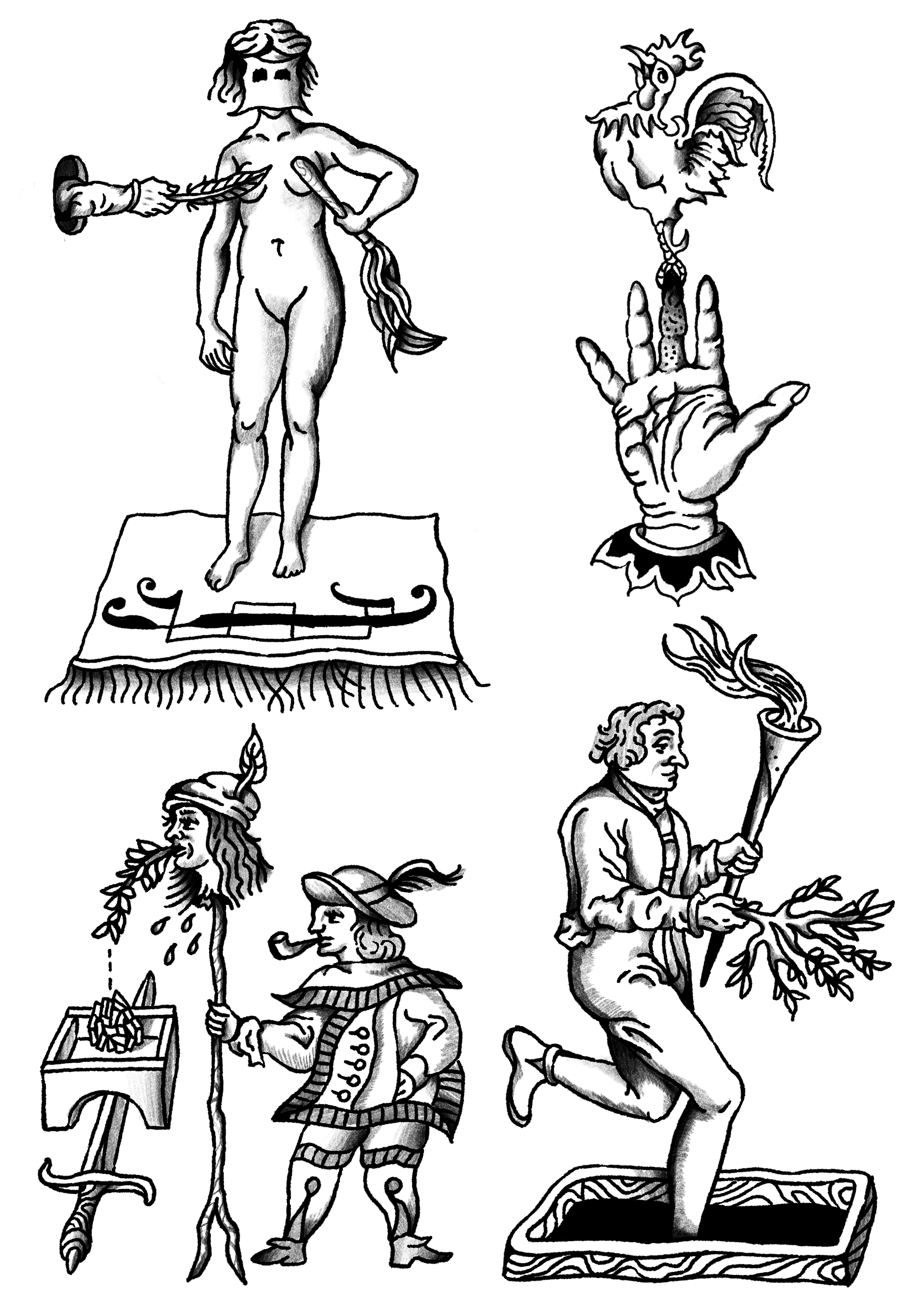 Black and white illustration featuring four different traditional or mythical figures and objects: a statue resembling ancient Greek or Roman art, a disembodied hand with a human head above it, a figure with a pipe and a tree, and a kneeling man hold