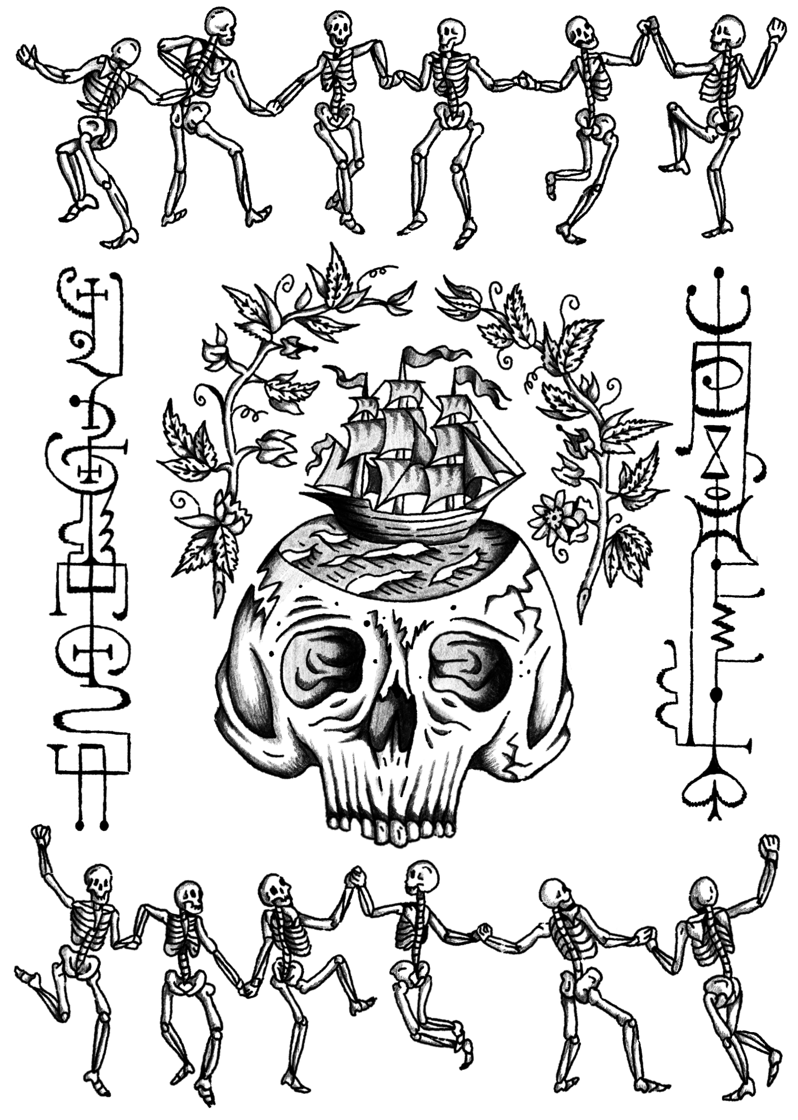 Illustration of dancing skeletons surrounding a skull with a ship on top, flanked by vines with leaves and flowers, and decorative musical notation on each side.