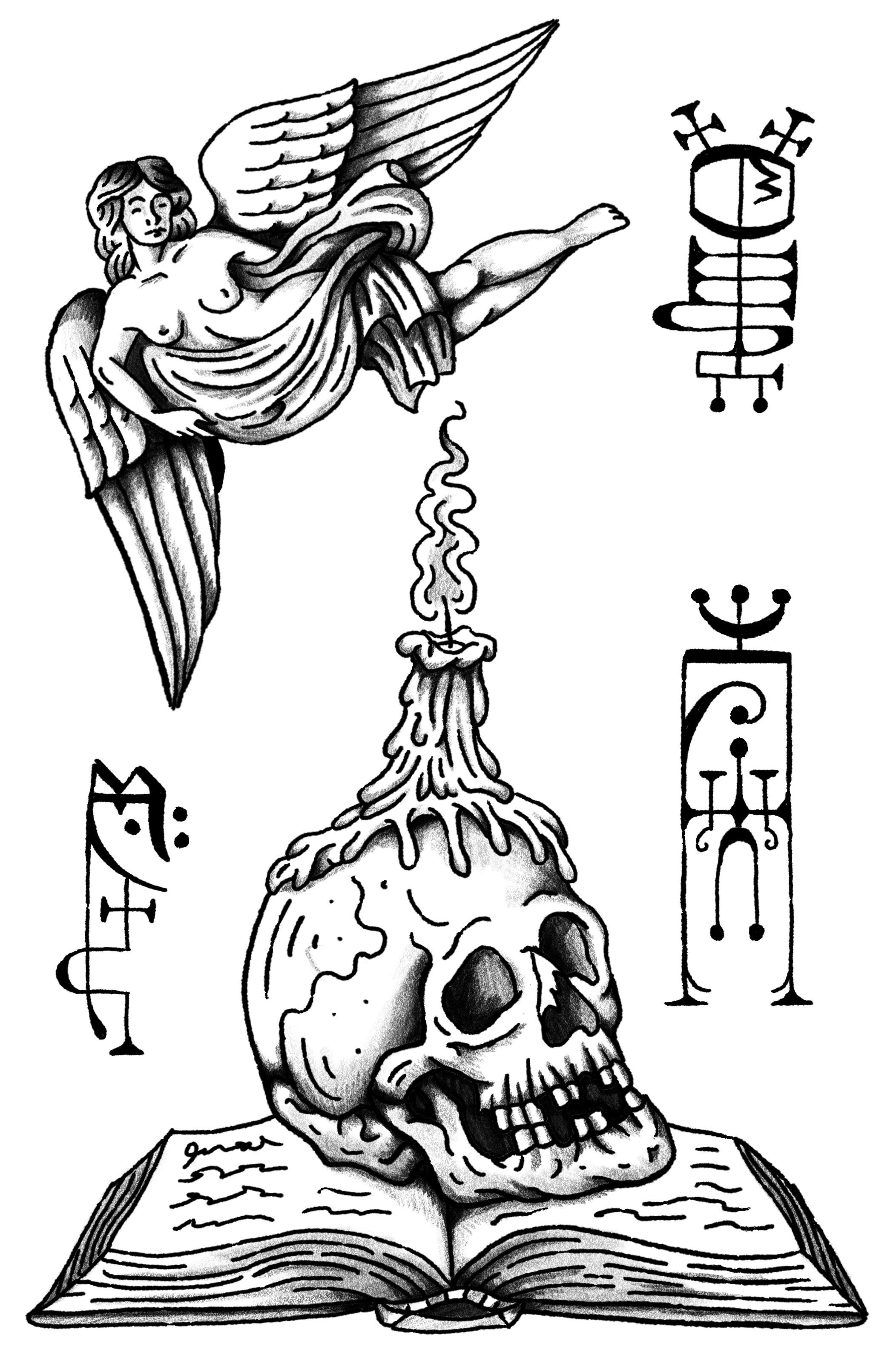 A black and white illustration featuring a winged female figure, a human skull with a candle on top, an open book beneath the skull, and various symbols and runes surrounding the scene.