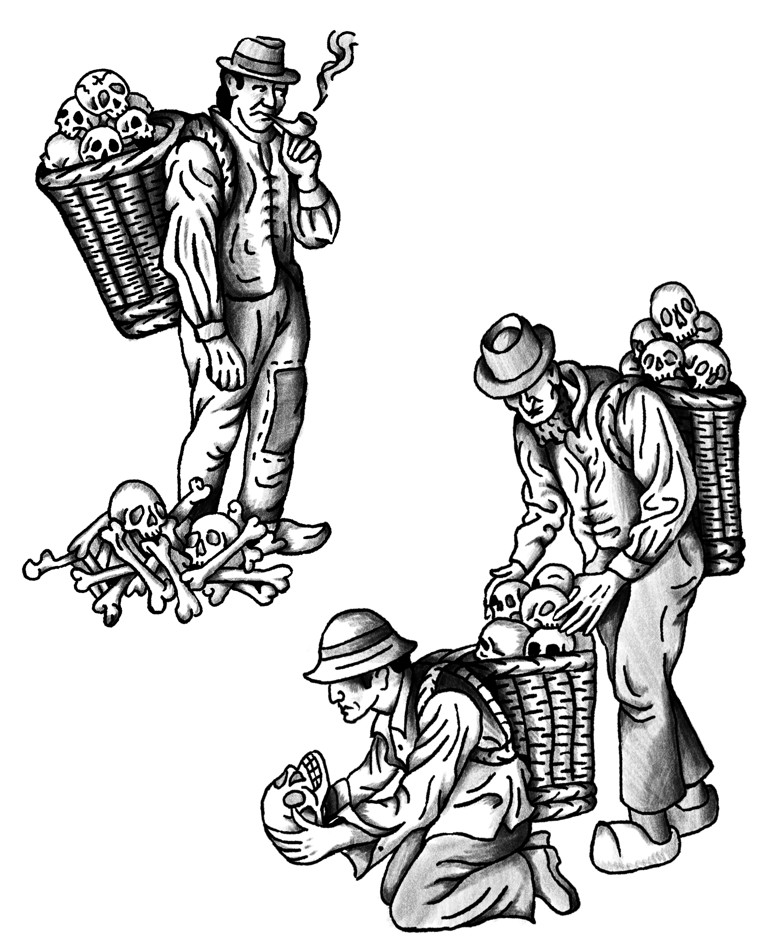 Black and white illustration of three miners with baskets of skulls and bones, one standing and smoking, one examining skulls, and one kneeling with a pickaxe.
