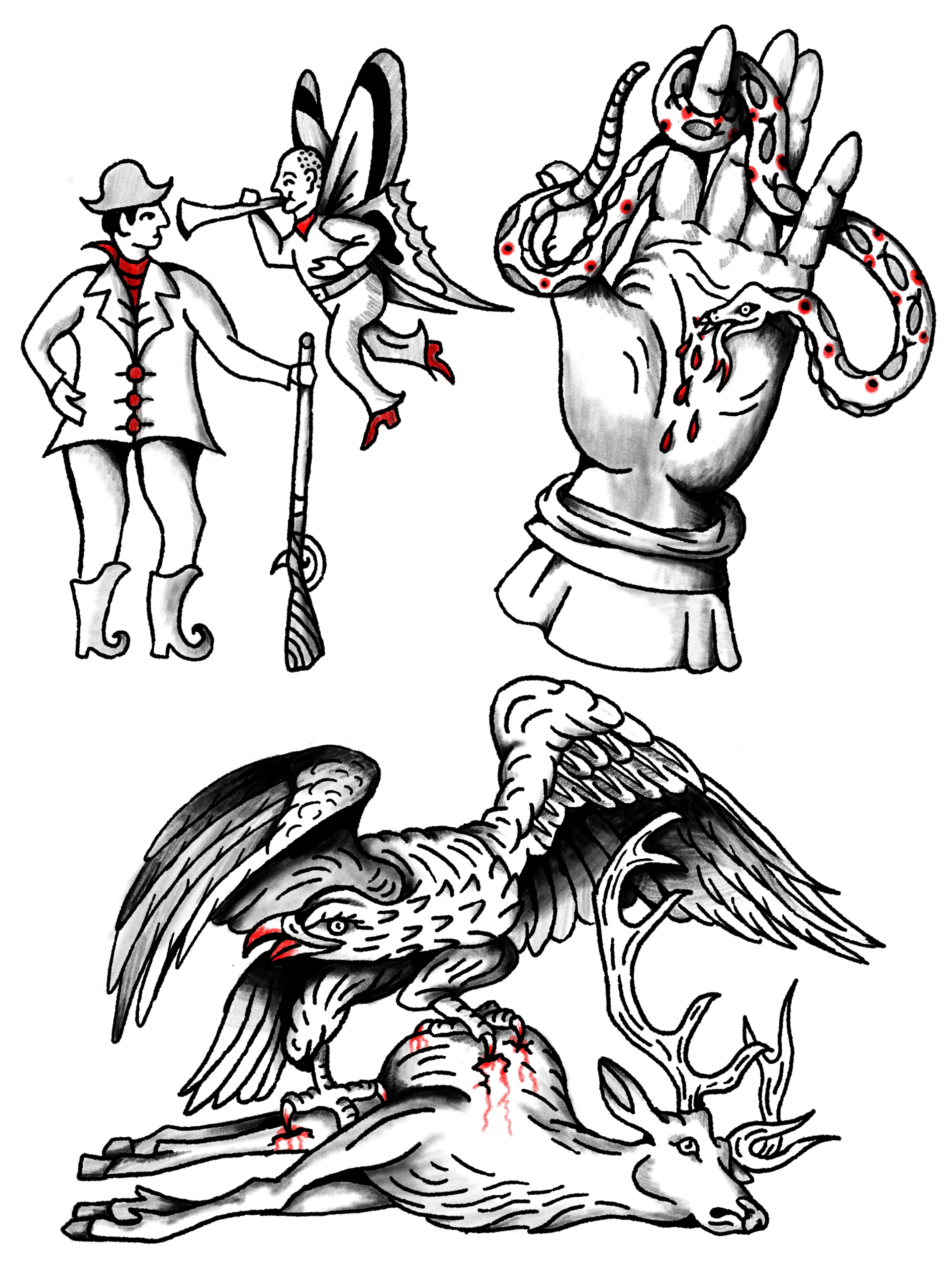 Black and white tattoo designs of a man with a bug-like face and bug wings, a praying hand with a snake and red dots, and a vulture attacking a deer, with red accents.