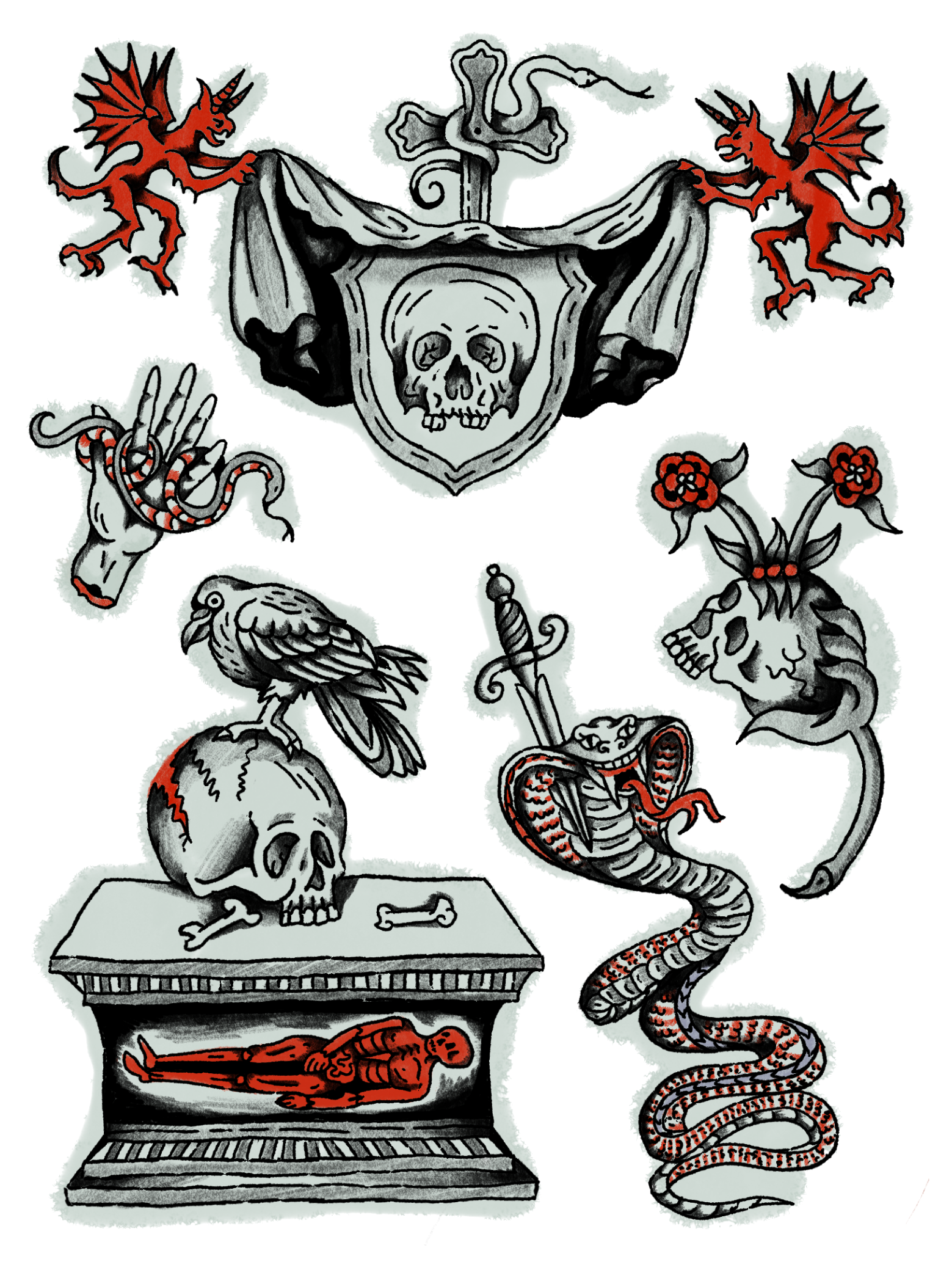 A collection of gothic and dark-themed drawings, including a shield with a skull, red dragons, a skeletal hand, a bird on a skull, a snake, a woman with flowers in her hair, a human skeleton inside a glass case, and a snake wrapping around a sword.