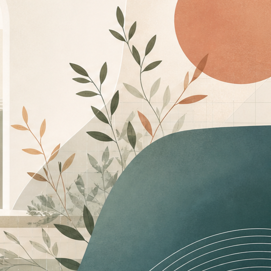 Abstract editorial artwork featuring organic, layered shapes and flowing lines in a muted palette of sage, teal, and terracotta; designed to represent the intersection of creativity, professional counselor development, and personal transformation.