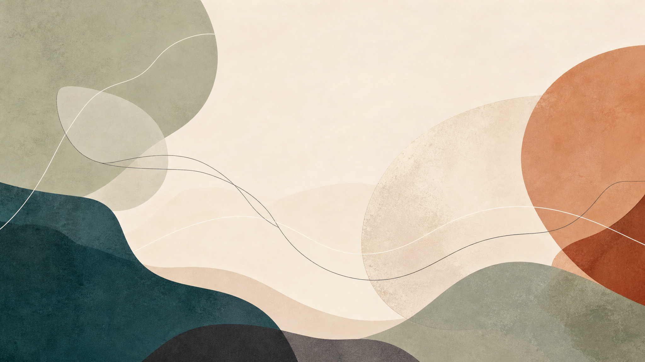Abstract editorial artwork featuring organic, layered shapes and flowing lines in a muted palette of sage, teal, and terracotta; designed to represent the intersection of creativity, professional counselor development, and personal transformation.
