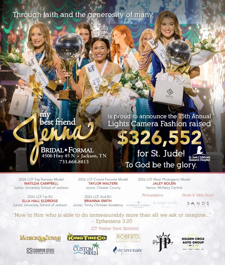 Young women with sashes and crowns standing on stage holding trophies and flowers at a beauty pageant event; decorated background, awards, and sponsors visible.