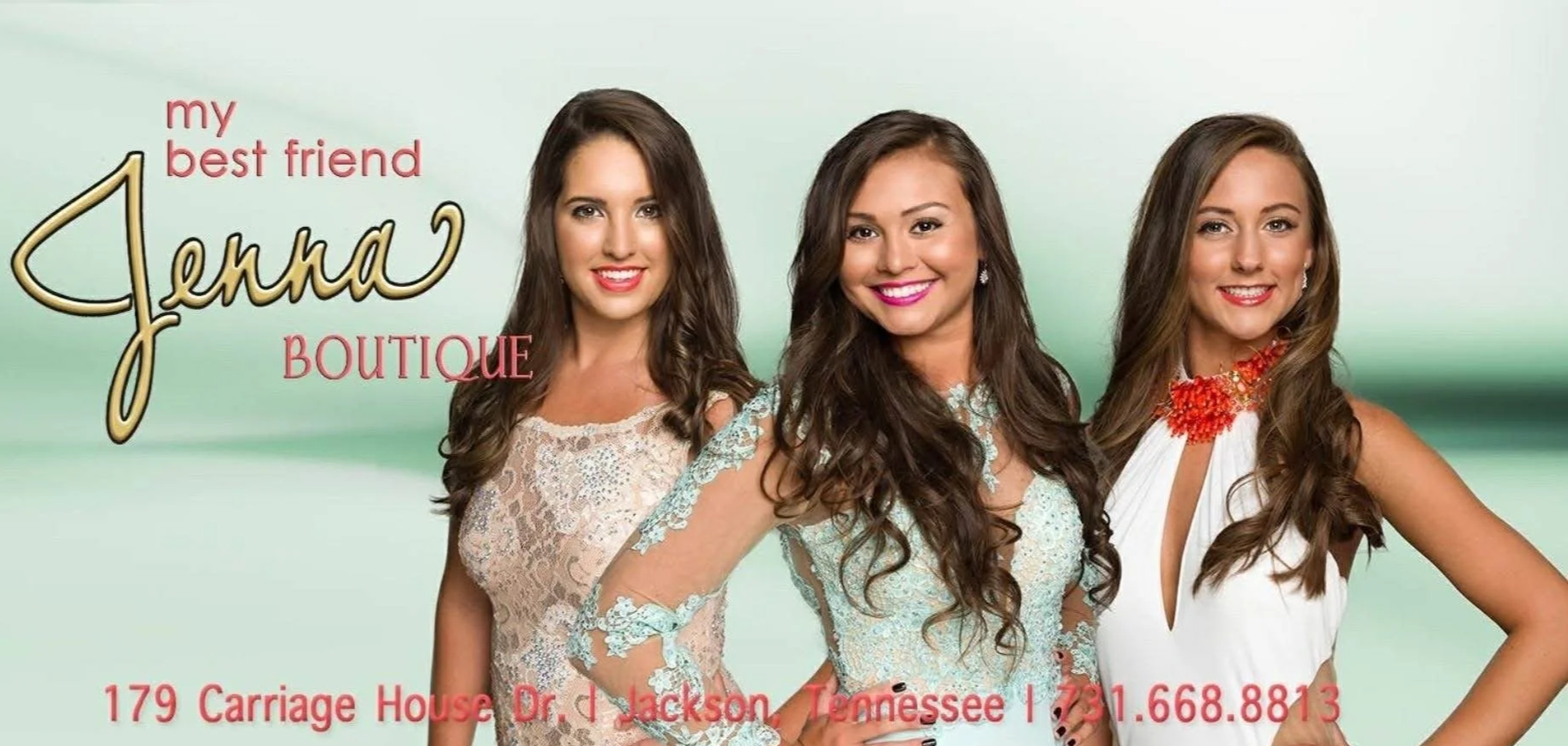 Advertisement for Jenna Boutique featuring three women with long hair, smiling, in brightly colored dresses, with the boutique's name and contact information.