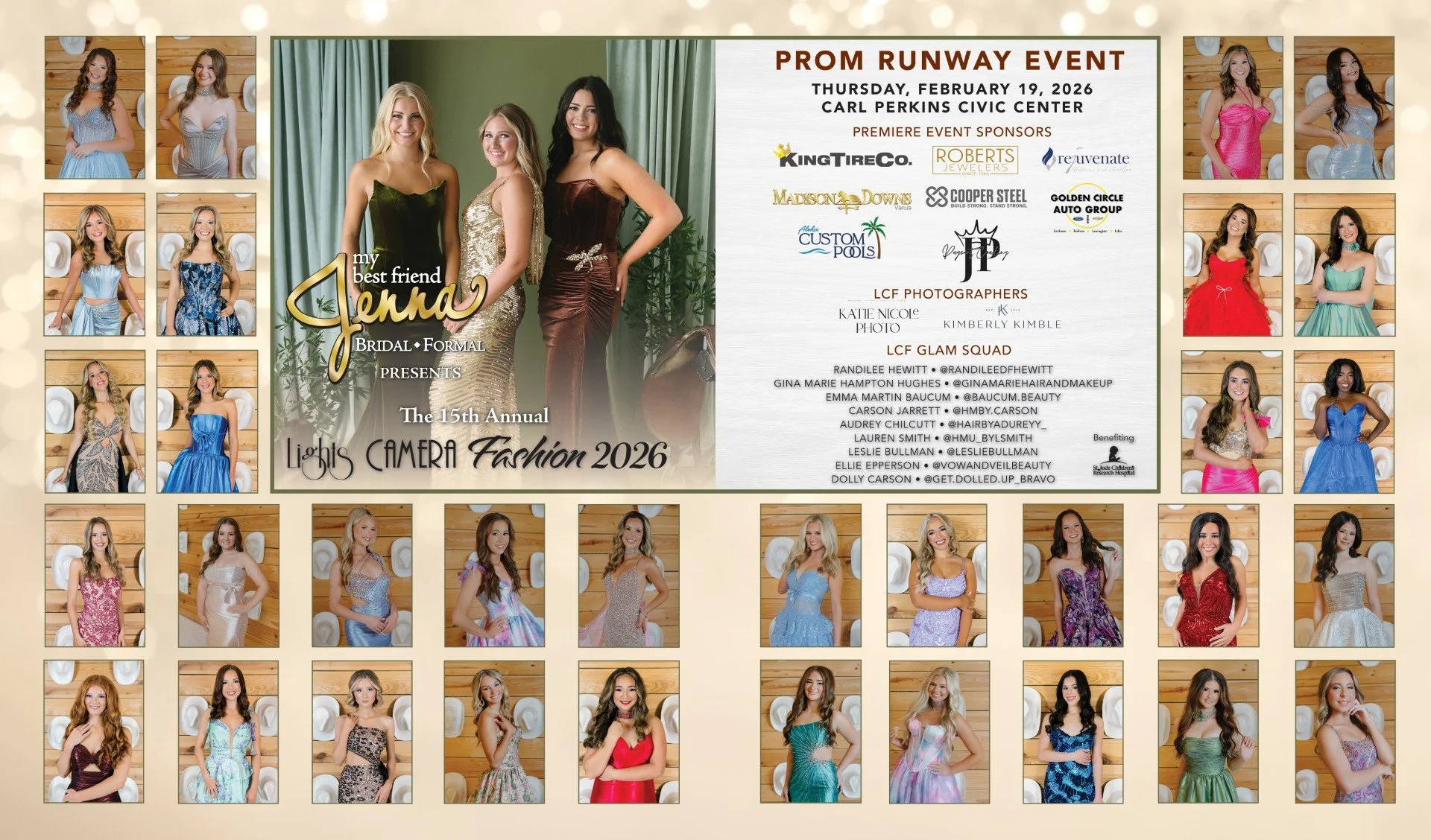 Promoting the 15th Annual Lights Camera Fashion 2026 event with a central photo of four women dressed in formal gowns, surrounded by individual photos of young women in colorful dresses. Event details include date, location, sponsors, photographers, and beneficiary charities.