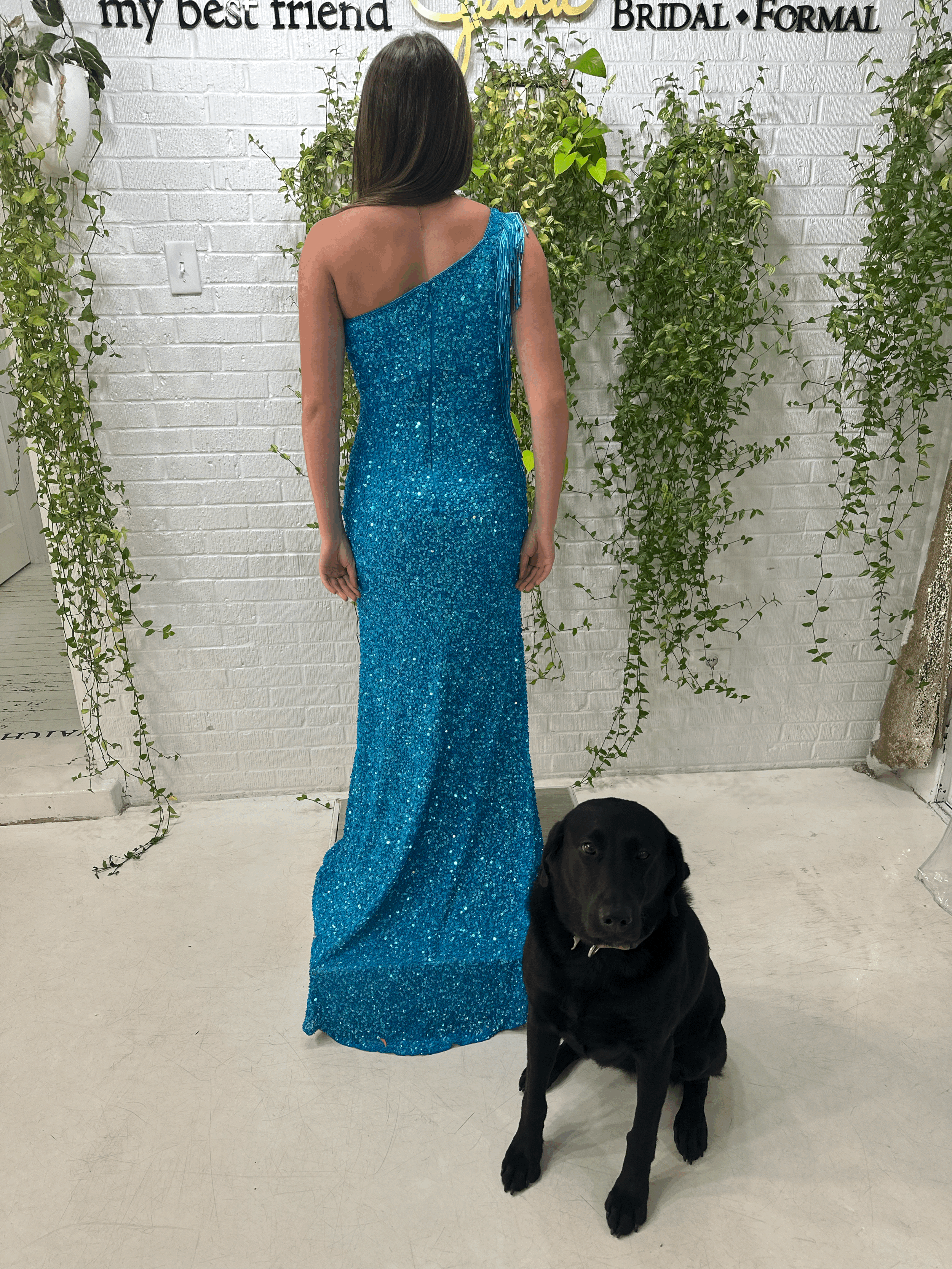 Rachel Allan ocean blue dress available at My Best Friend Jenna in Jackson, TN
