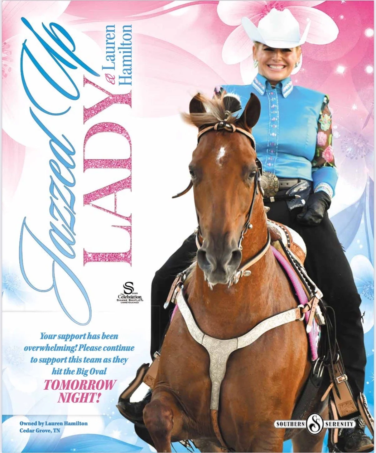 A smiling woman in Western attire riding a brown horse with a pink saddle, against a pink and blue floral background. The image contains text supporting Lauren Hamilton's team after winning a Big Oval event, scheduled for the next night.