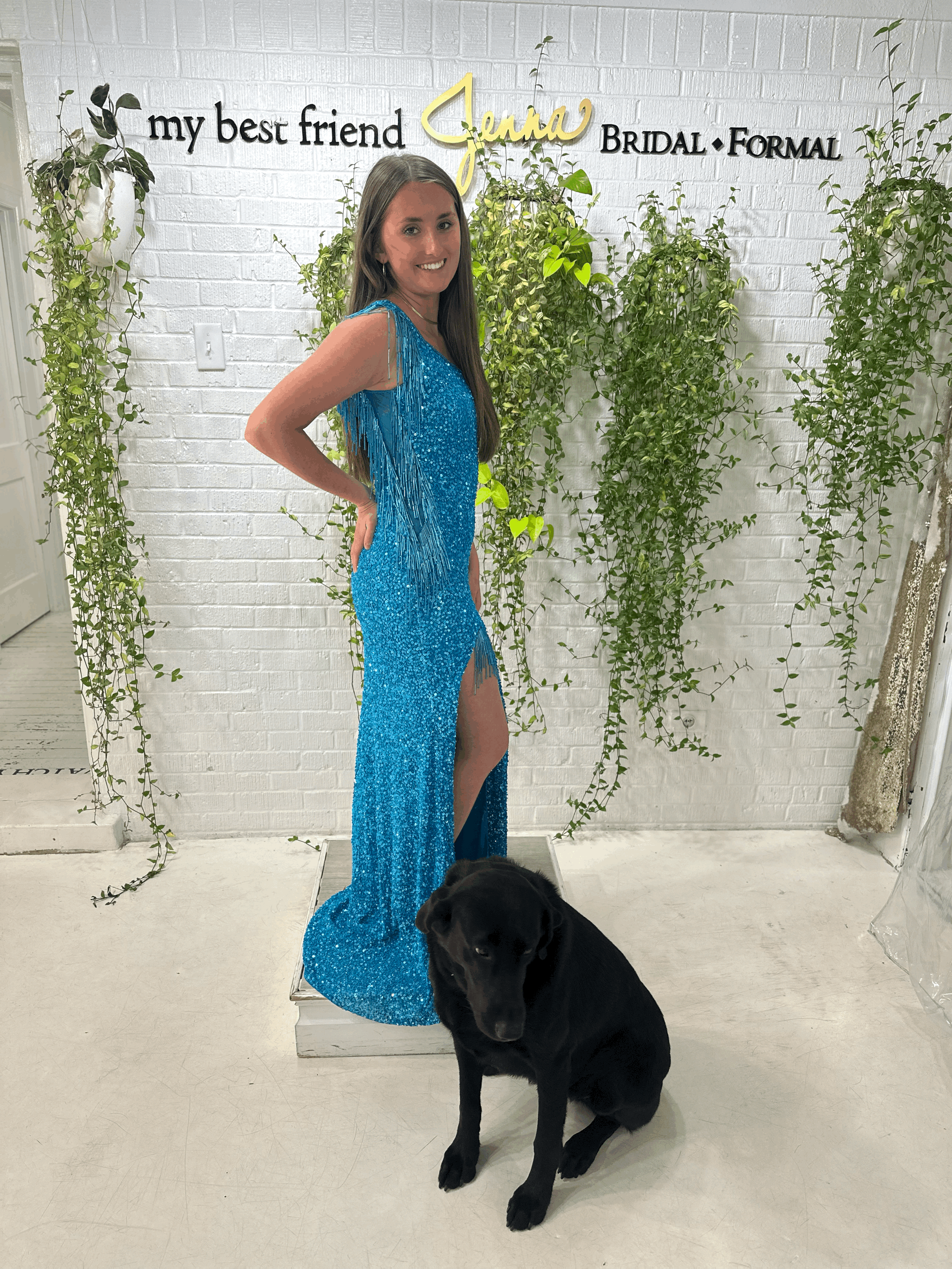 Rachel Allan ocean blue dress available at My Best Friend Jenna in Jackson, TN