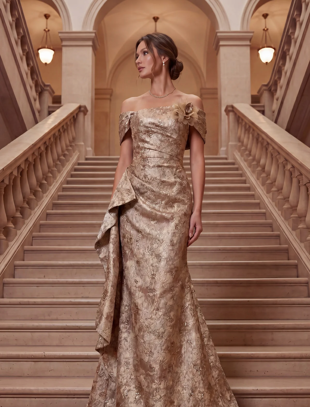 A woman in an elegant gold gown stands on a grand staircase in a luxurious building with architectural arches and ornate railings.