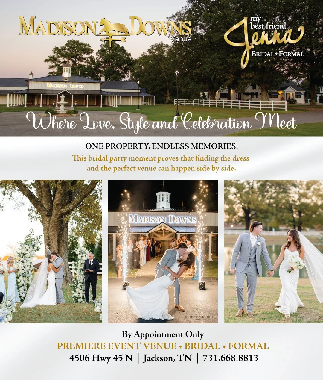 Advertisement for Madison Downs event venue featuring wedding photos, with a large building, wedding couple, and celebratory fireworks.