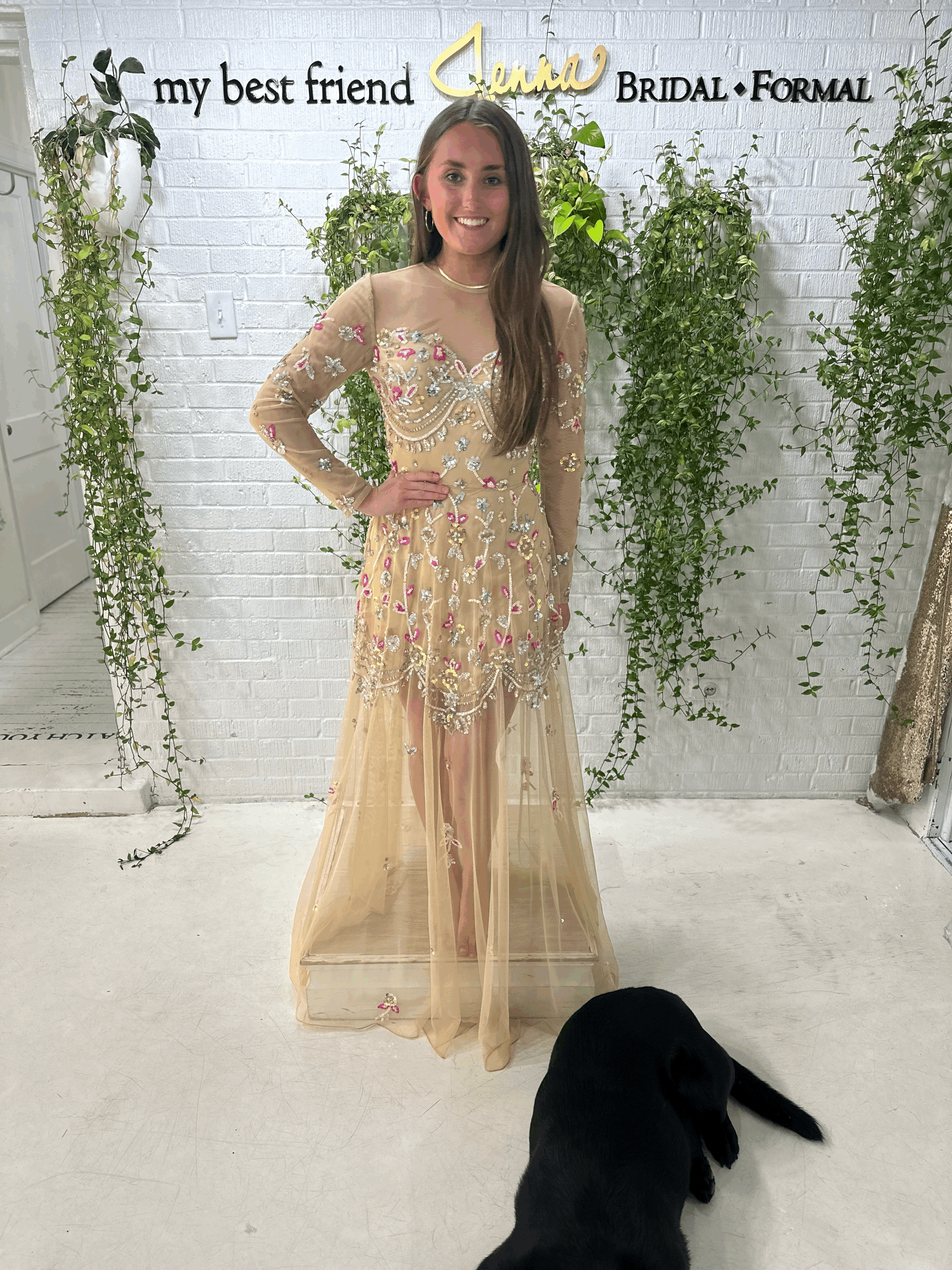 Ashley Lauren nude multi color dress available at My Best Friend Jenna in Jackson, TN