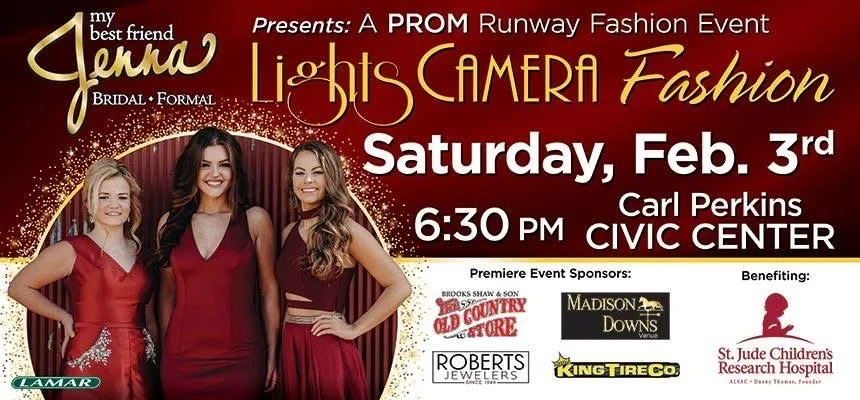 Prom event flyer for 'Lights Camera Fashion' showing three young women in formal dresses, event details, sponsors, and beneficiaries.