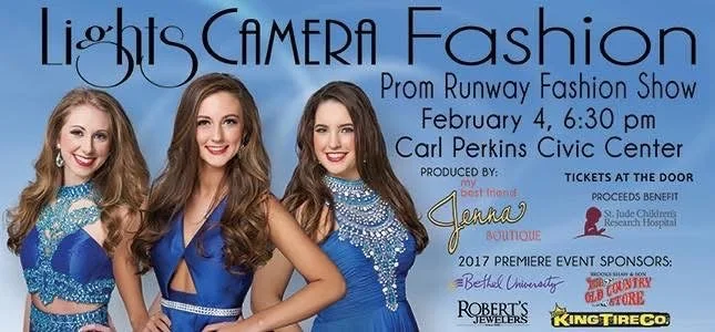 Prom runway fashion show poster featuring three young women in blue dresses, event details including date, time, location, and sponsors.
