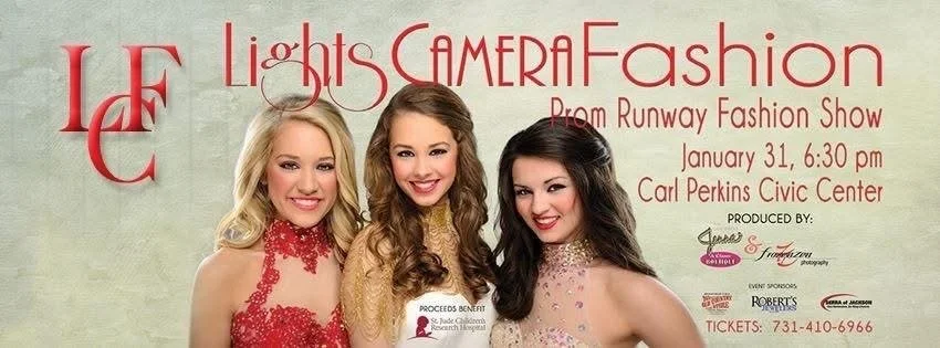 Promotional poster for Lights Camera Fashion fashion show on January 31 at Carl Perkins Civic Center, featuring three smiling young women in formal dresses.