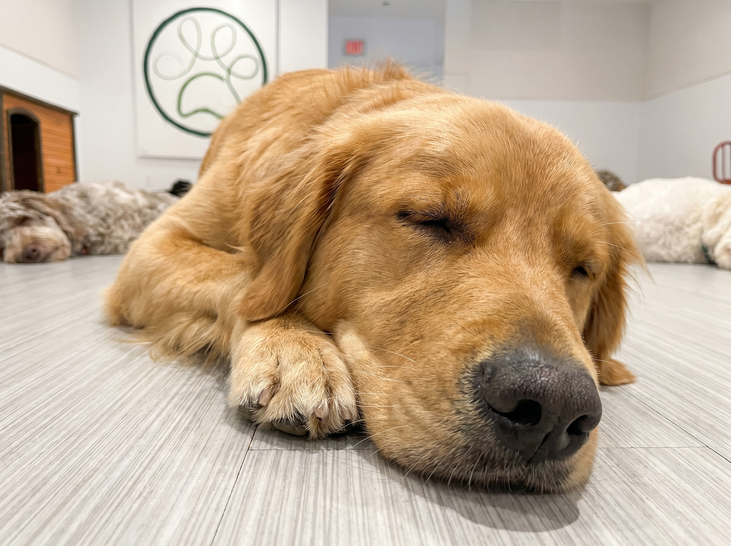 a dog napping in a clean modern dog daycare in Leaside Toronto