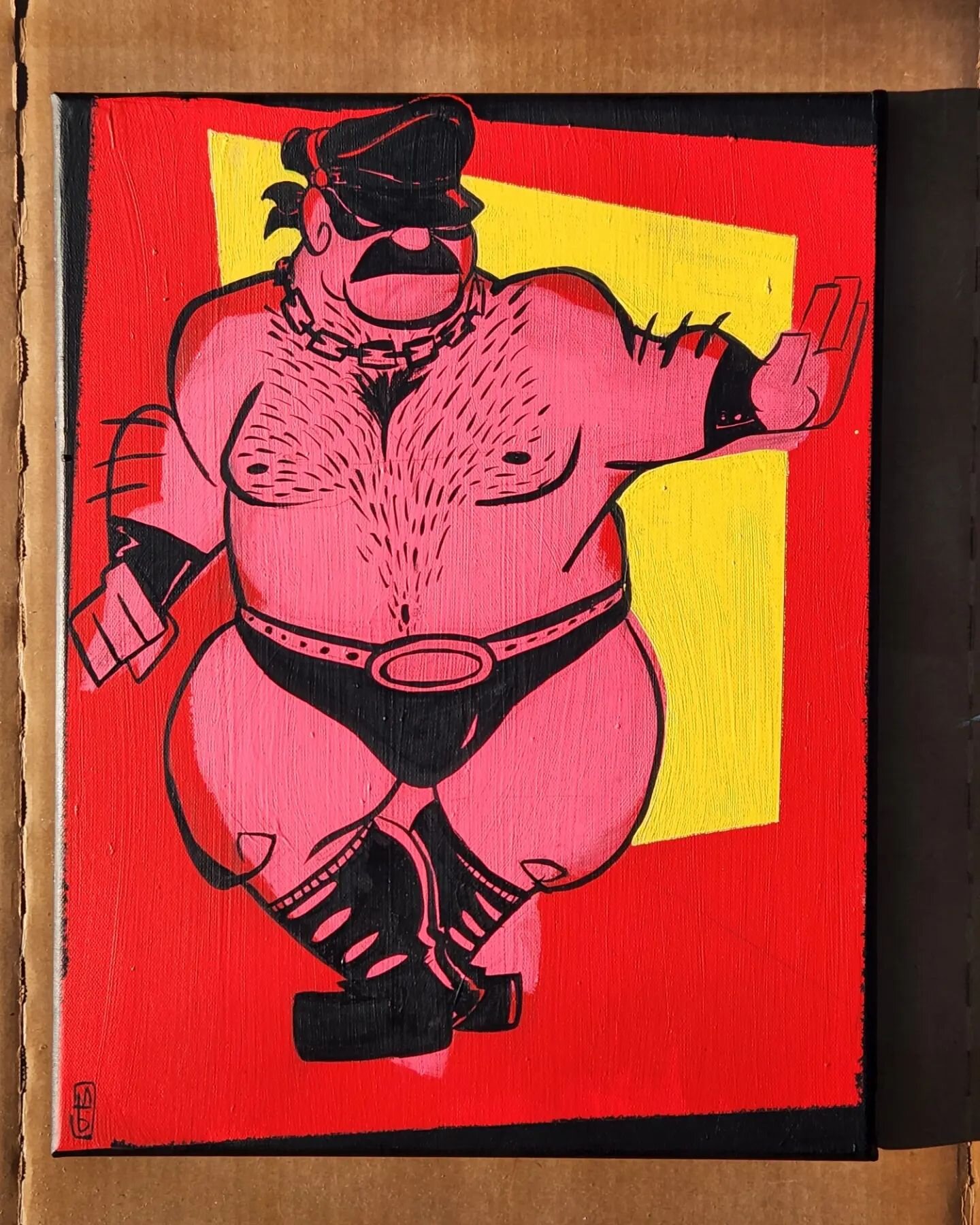 The First Challenger!
Acrylic and ink on canvas
14&quot;&times;18&quot; 
As I was making this, it had me inspired to make more wrestler-themed pieces because of the posibilities to paint dynamic poses and actions.

#beef #bull #homoeroticart #homoero