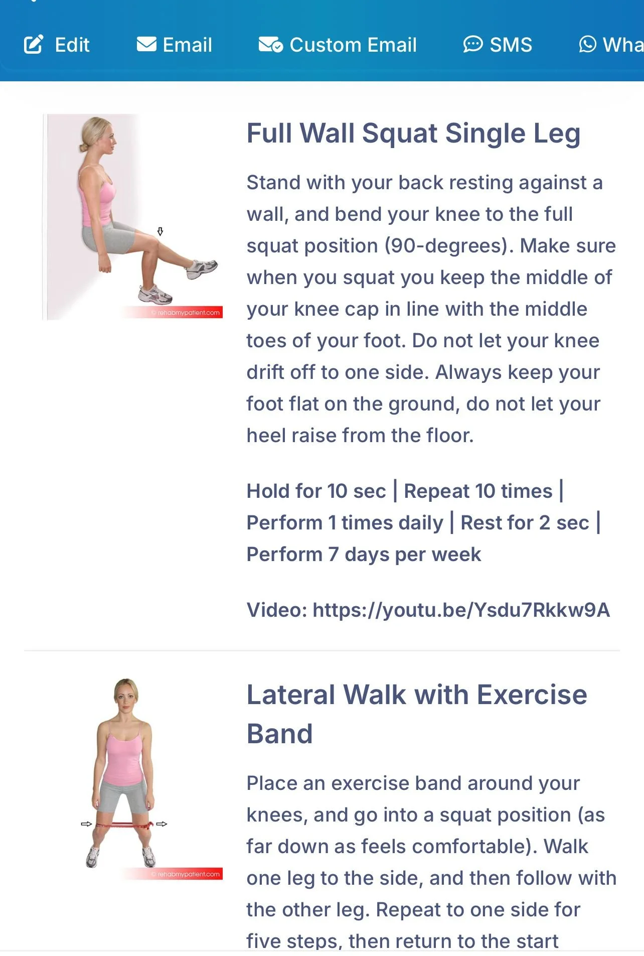 Exercise instructions depicting a woman performing a Full Wall Squat Single Leg and a Lateral Walk with Exercise Band.