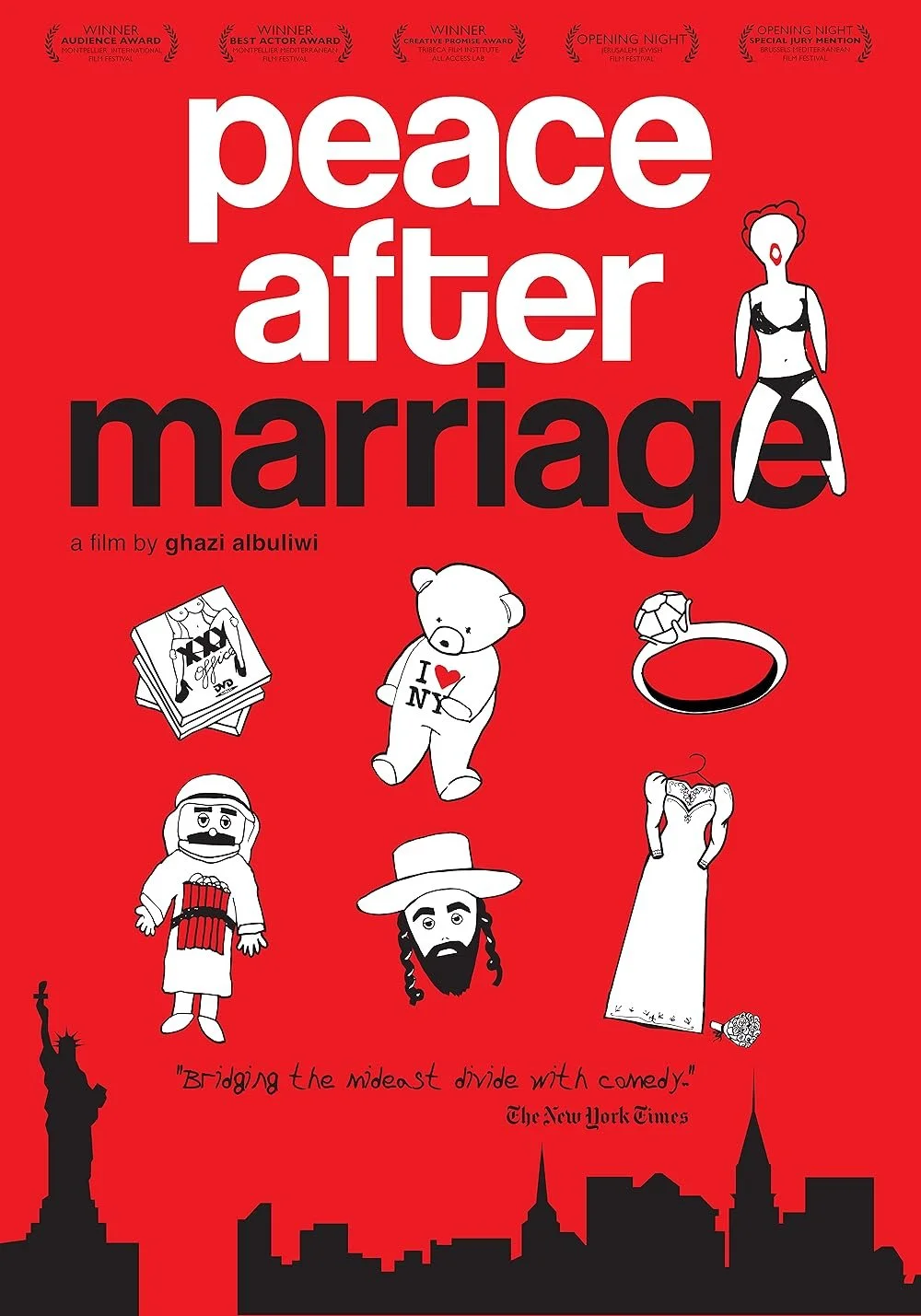 Red background with black silhouette of New York City skyline, featuring the Statue of Liberty. Large bold white and black text reading "Peace After Marriage." Several cartoon-style illustrations include a woman in a bikini, a teddy bear wearing a sh