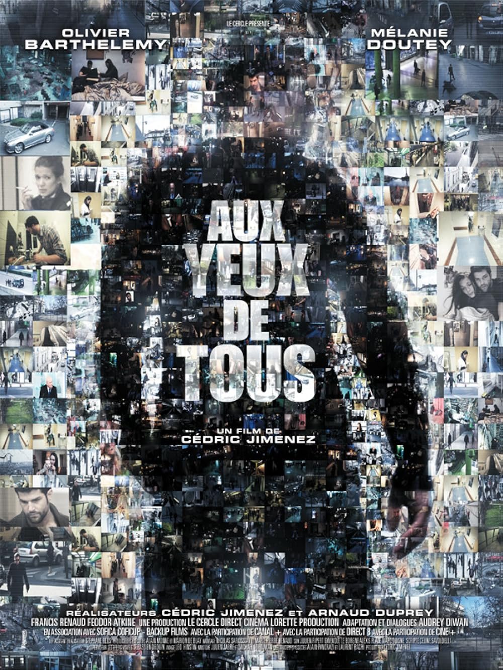 A mosaic poster for the film 'Aux Yeux de Tous' showing a silhouetted person's face made up of small photos of people and city scenes with the title in large white letters.