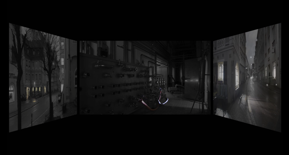 Three-panel panoramic view of outdoor city streets and an indoor bike maintenance room, featuring buildings, trees, and a black bike on a rack.