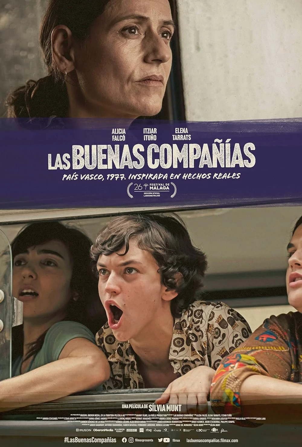 Poster for the film Las Buenas Compañías, depicting a woman looking out a window and two young people shouting from behind a bus window.