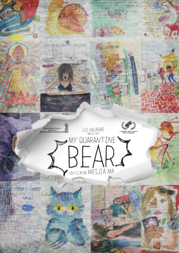 A collage of colorful drawings and artwork, including a prominent tutorial-style poster in the center that shows a torn piece of paper with the text "My Quarantine Bear" and an illustration of a black bat-winged bear, with various cartoon characters 