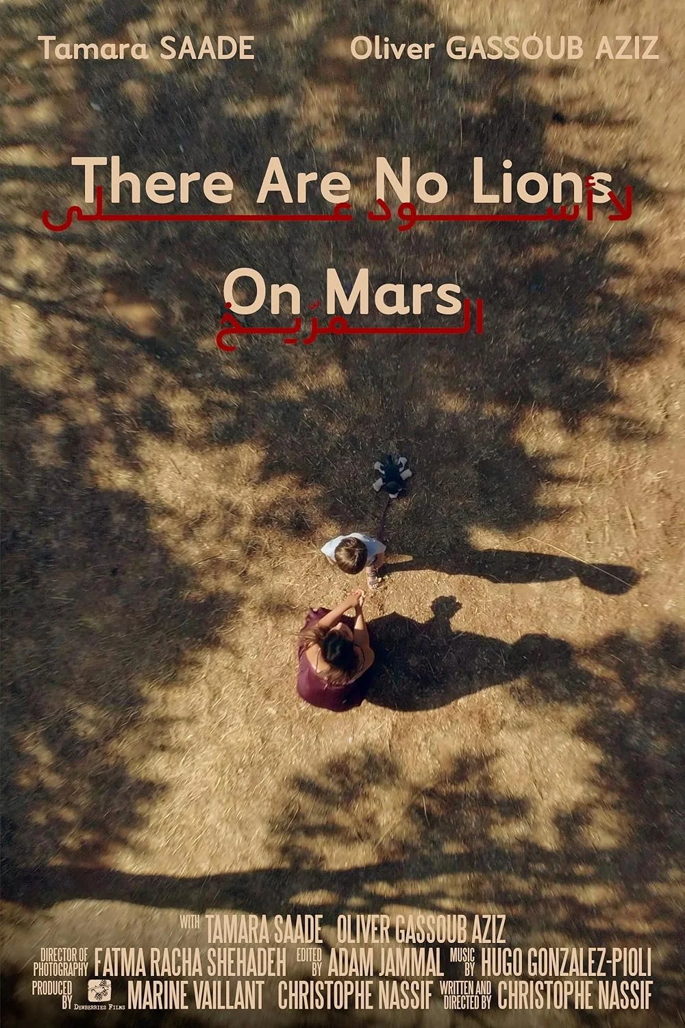 Aerial view of a woman and child sitting on the ground surrounded by dry grass and trees, with movie title and credits overlayed at the top and bottom of the image.