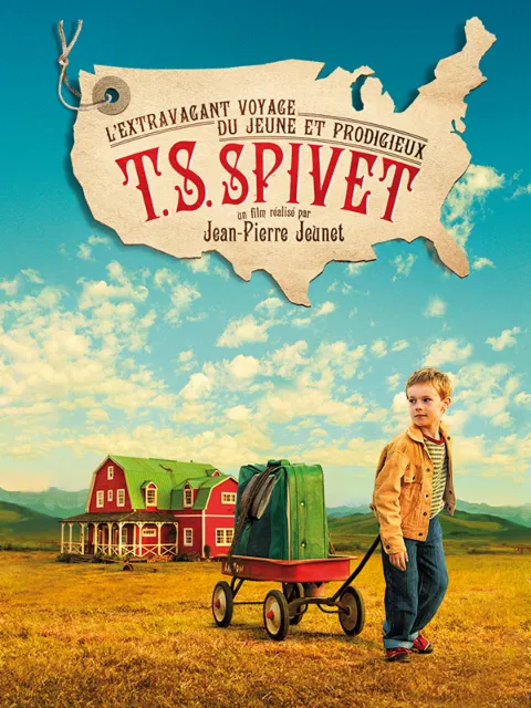 A boy with a backpack standing next to a wagon with a red barn in the background and a map of the United States with French text at the top.