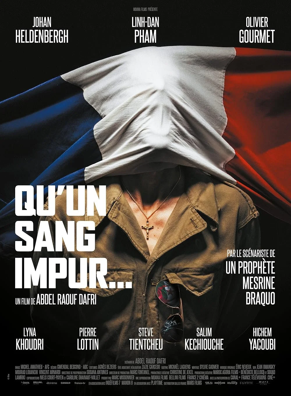 French movie poster with a person wearing a jacket and sunglasses, holding a French flag over their face. The title is 'Qu'un sang impur...' with various actor and director names listed.