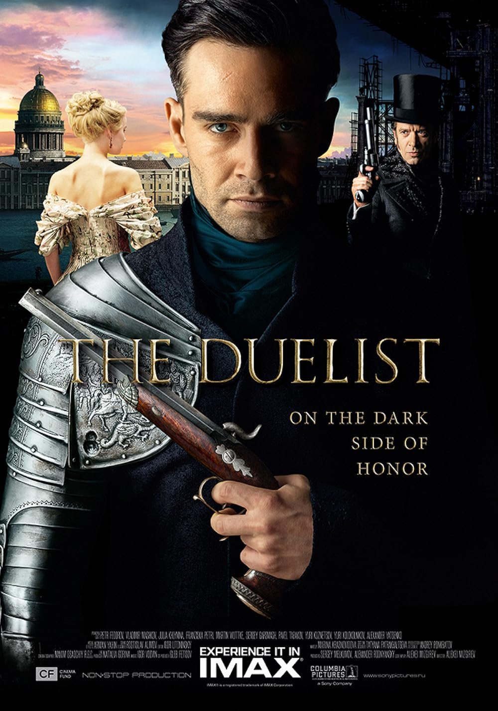 Movie poster featuring a man in armor holding a gun, a woman in historical dress, and a man in Victorian clothing with a hat and gun, with cityscape and sunset background.