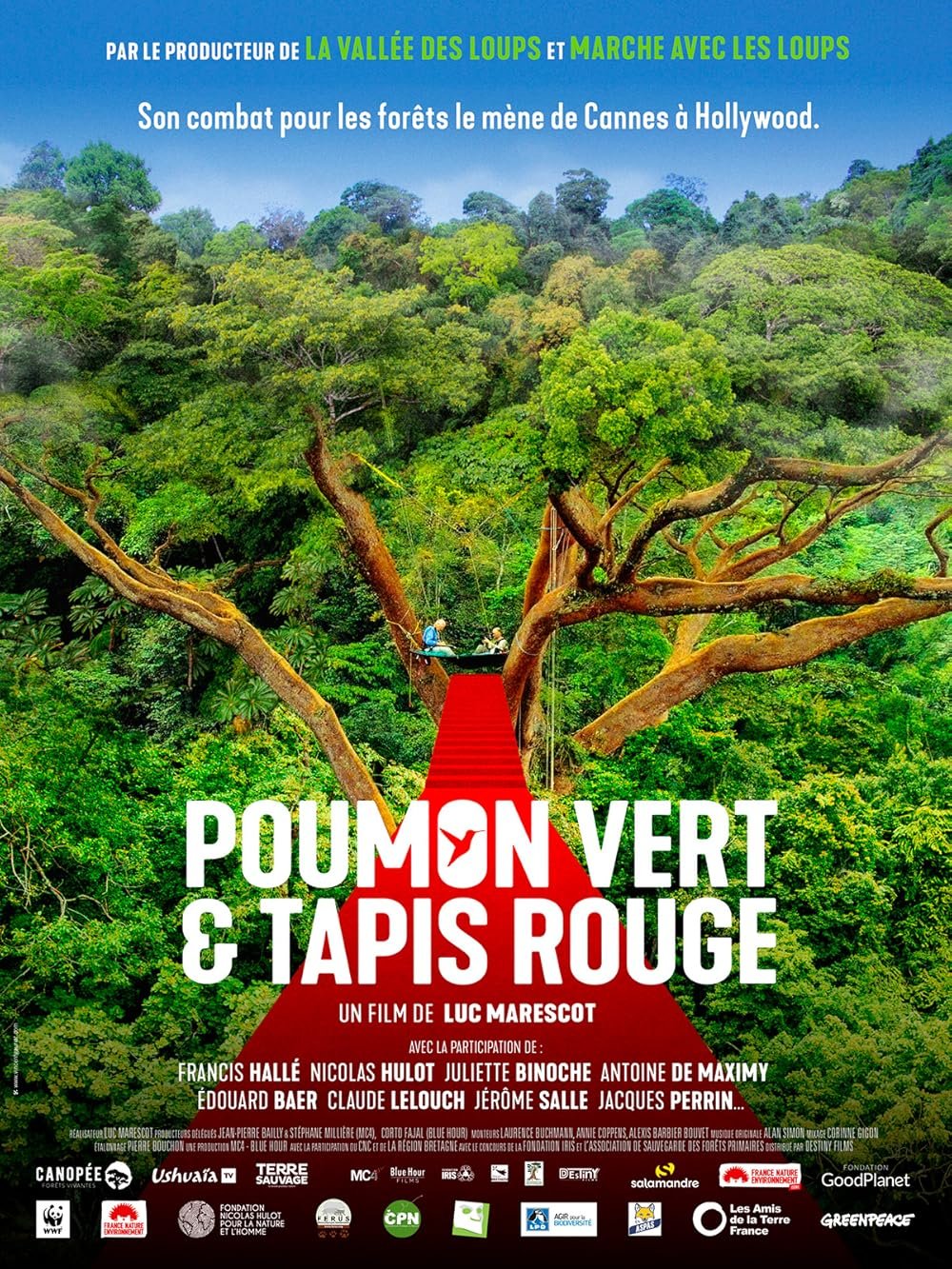 A colorful promotional poster for the documentary film 'Poumon Vert & Tapis Rouge' featuring a lush green forest with a red canopy walkway, two people sitting on a platform among large tree branches, and text in French about the film and its particip