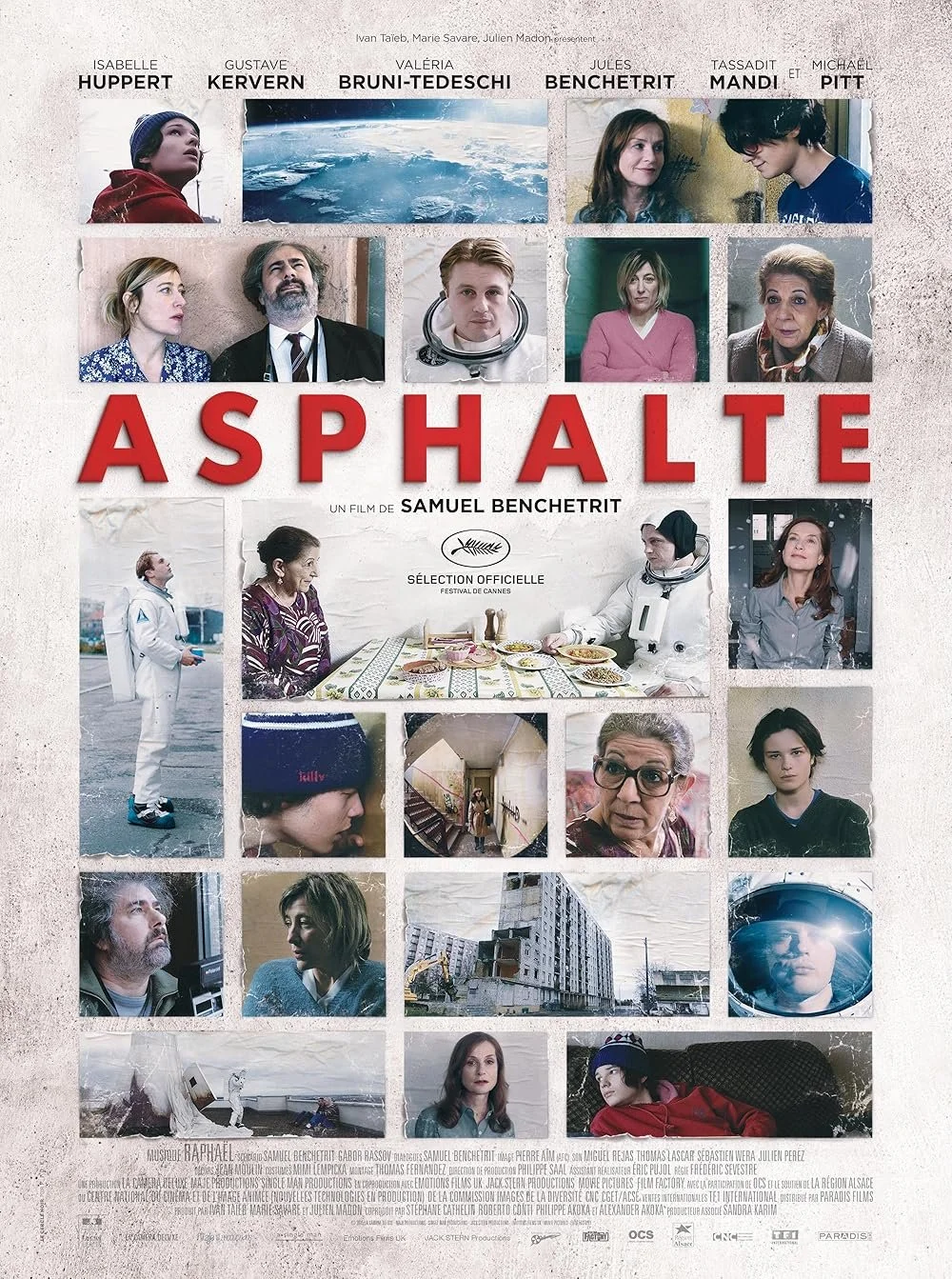 French movie poster for 'Asphalte' featuring multiple scenes and characters, including a woman in a red coat, a young man with a space helmet, and a building under construction.